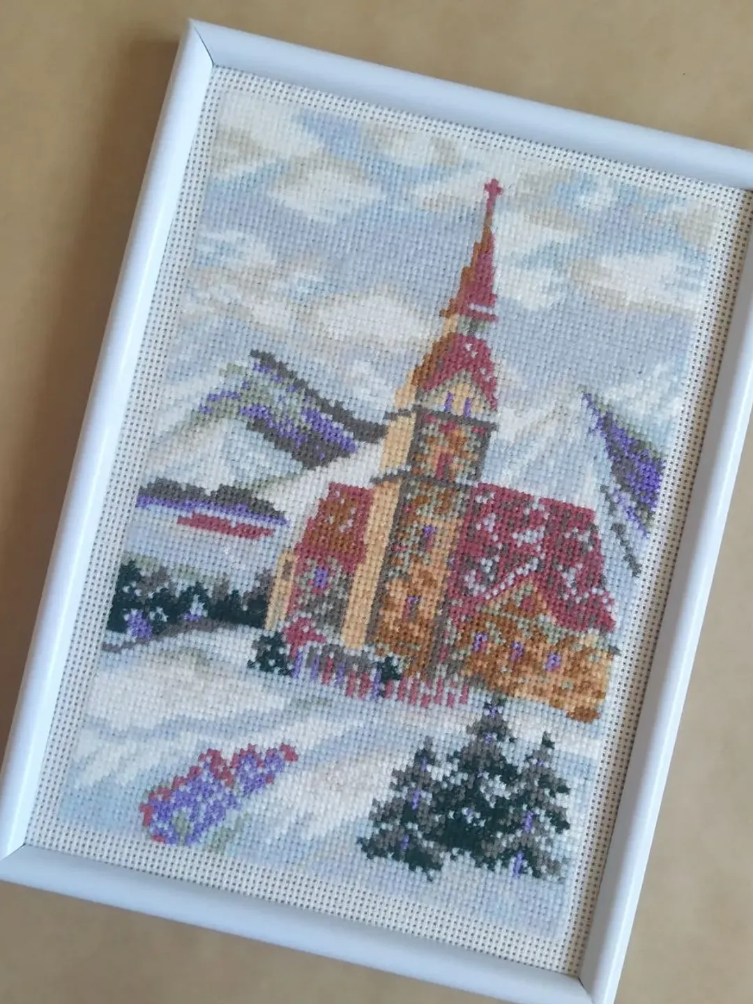 Handmade Winter Landscape  painting, Vintage Mountains wall art, for home decor, finished cross stitch