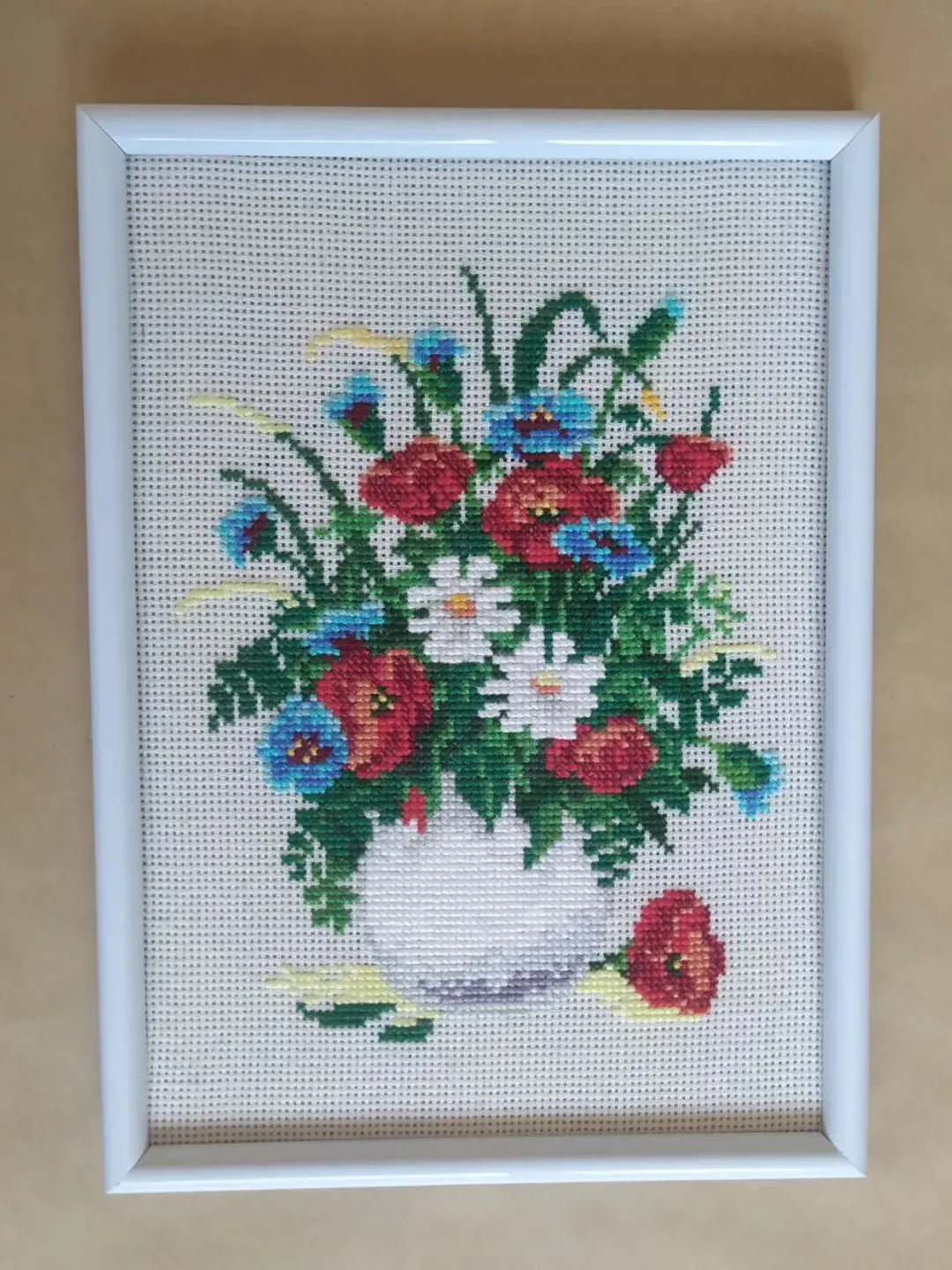 Handmade Poppies painting, Vintage Still life wall art, for home decor, finished cross stitch