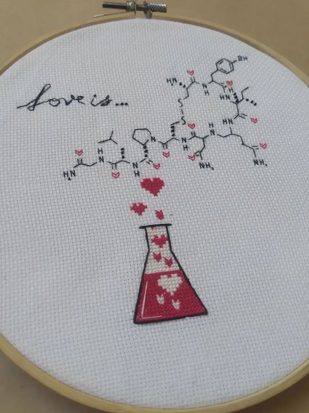 Handmade Chemical painting, Love is wall art, Finished cross stitch, Oxytocin print