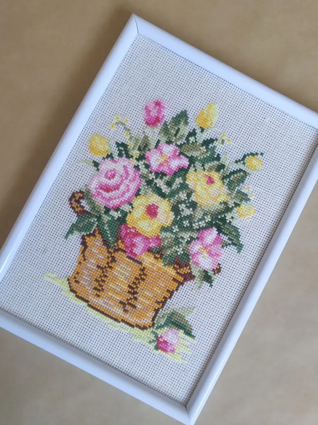 Handmade Rose painting, Vintage Still life wall art, for home decor, finished cross stitch