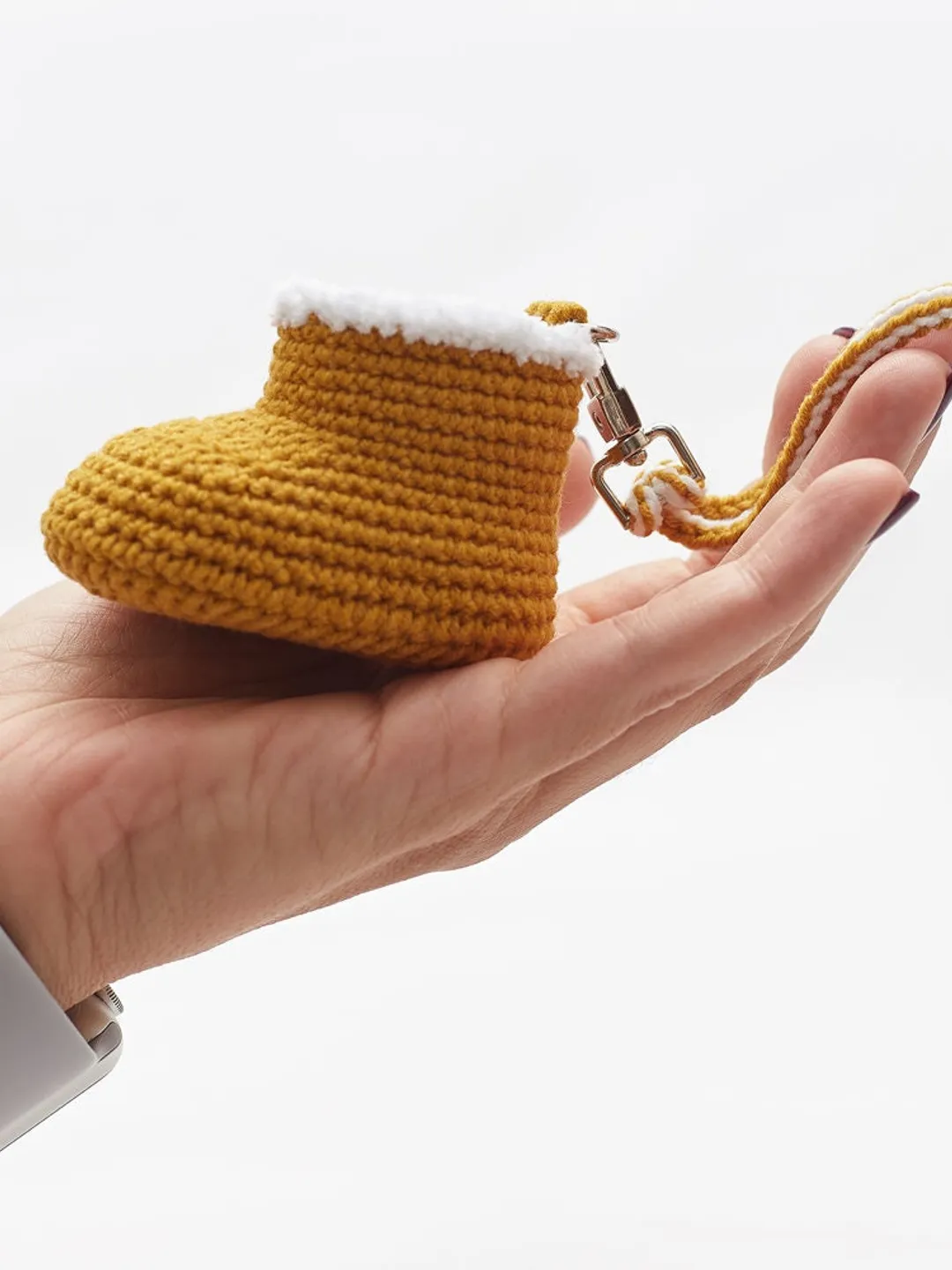 No reason gift cute Christmas stocking fillers crochet yellow santa baby bootie keychain souvenir. Party favor present nursery decor