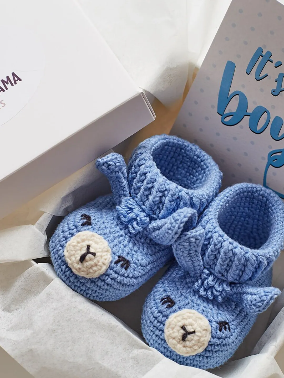New mom gift for newborn baby boy Unique cute baby basket It's a boy baby shower Pregnancy crochet booties Blue nursery organic expecting