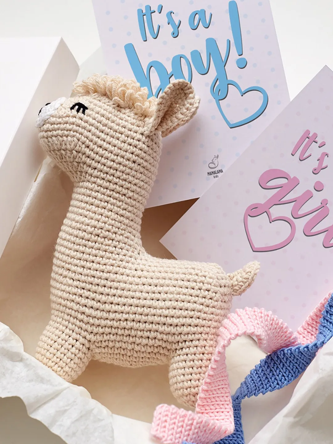 Baby reveal box Boy girl shower gender neutral present idea Pregnancy basket set Crochet llama nursery plush teether cotton decor toy gift