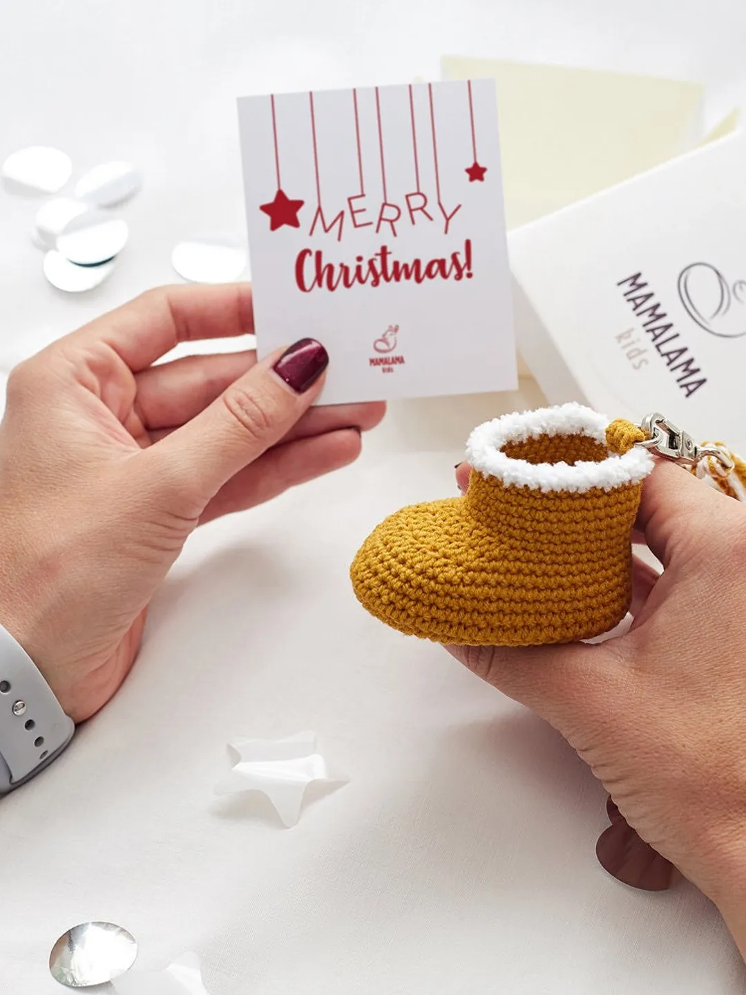 Party supplies favors for guests with cute crochet baby bootie yellow organic keychain box Christmas pregnancy reveal congrats Nursery