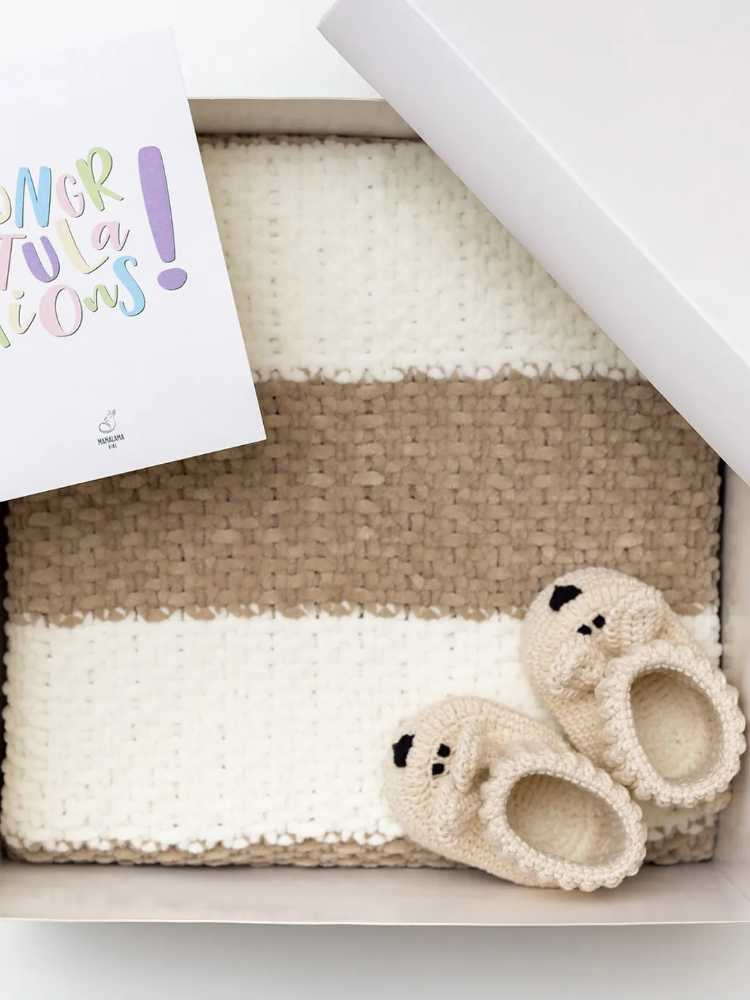 New mom gift basket with crochet bunny booties and soft plush striped baby blanket Expecting mom gift for pregnancy congratulation reveal