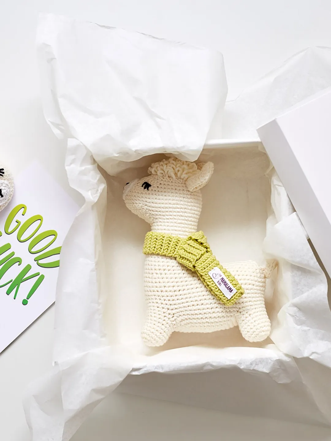 Welcome baby good luck pregnancy congrats gift box with crochet llama alpaca toy nursery decor and soft animal baby booties. Baptism reveal