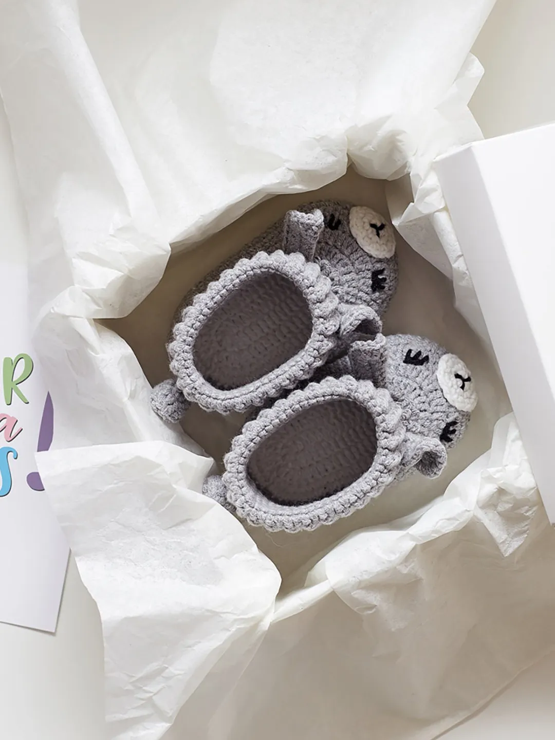 Baby congratulations pregnancy gift box with crochet animal booties for newborn Cute soon to be mom congrats basket