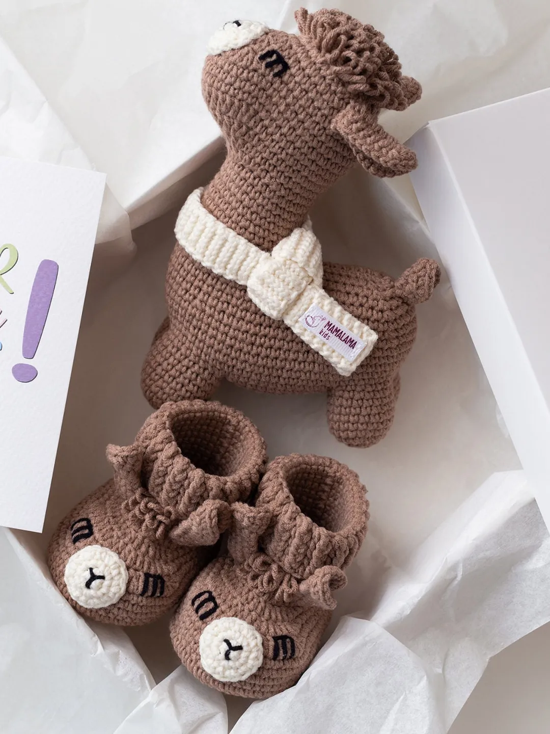 Pregnancy gift box Best Expecting mom present basket Unique crochet llama organic teether toy animal booties set Cute upcoming baby welcome