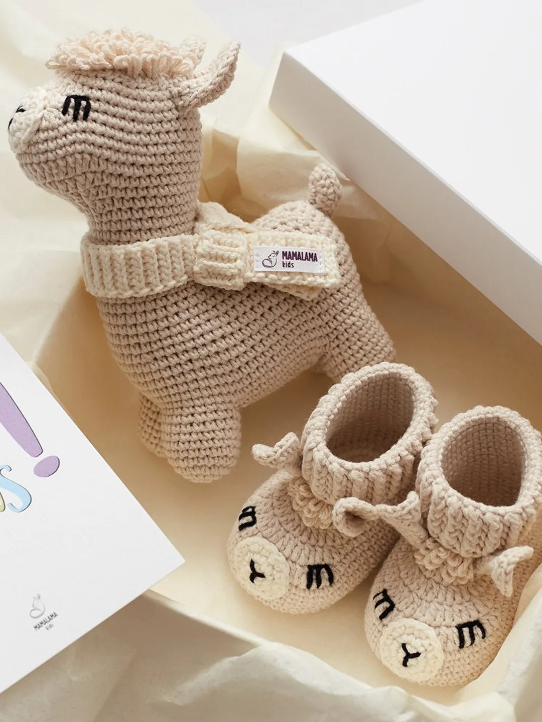 Baby gift basket with crochet baby booties llama alpaca toy Cute pregnancy gift Newborn nursery set Expecting new mom parents gift idea