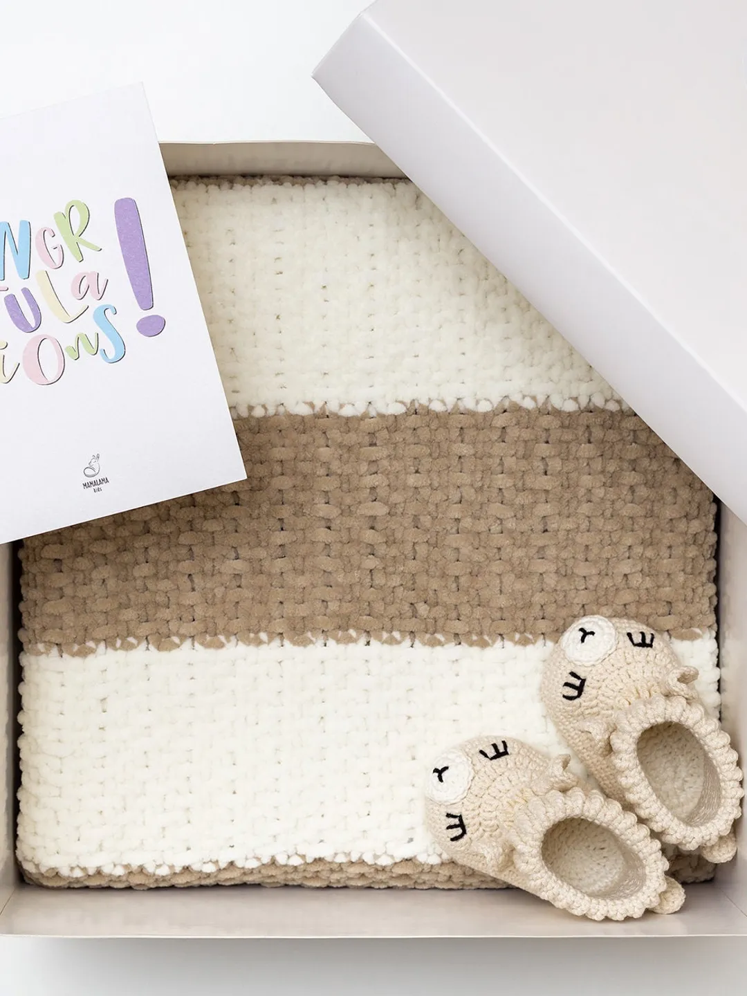 New mom gift basket for pregnancy congratulations gift idea with crochet animal baby booties Cute newborn welcome baby coming home blanket