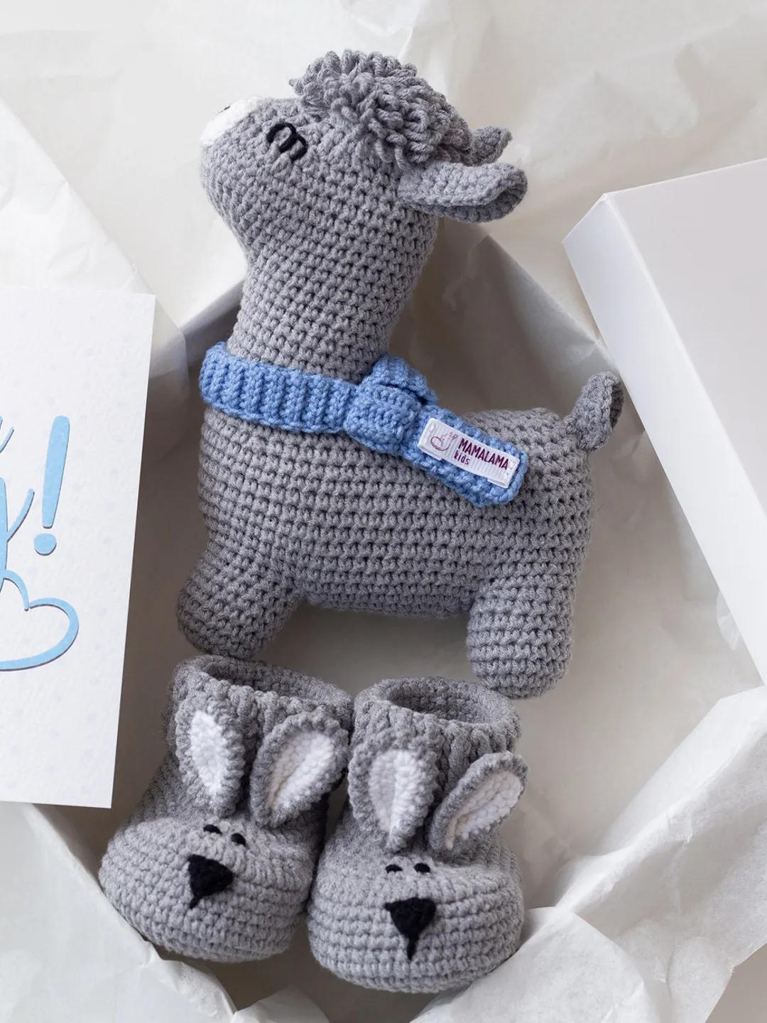 Expecting gift for pregnant mom to be with cute Its a boy box. Pregnancy reveal set llama crochet stuffed animal toy and grey bunny booties