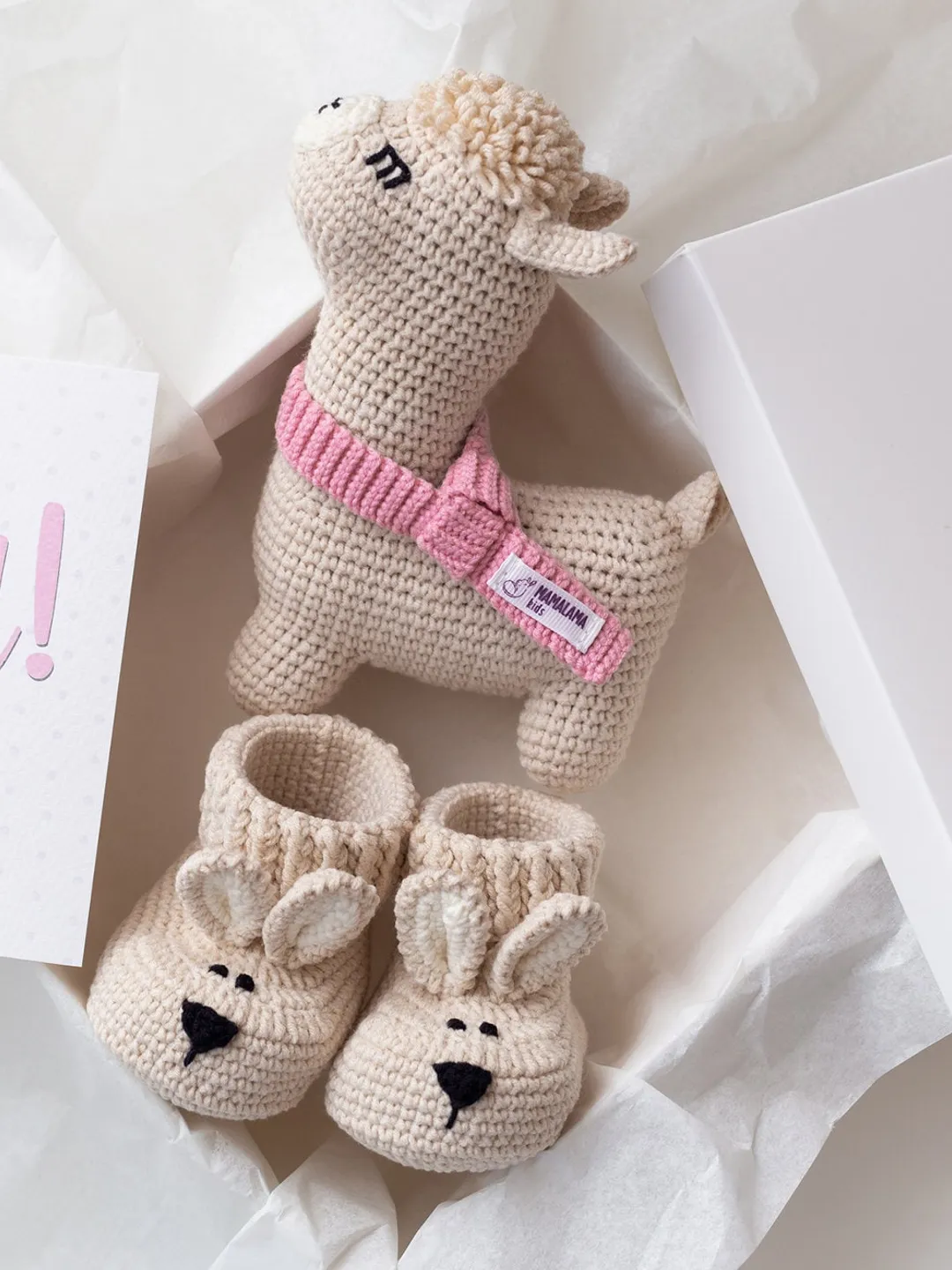 Pregnancy congrats baby blessing gift unique crochet cotton llama toy Organic animal newborn booties New parents reveal gift box Goddaughter