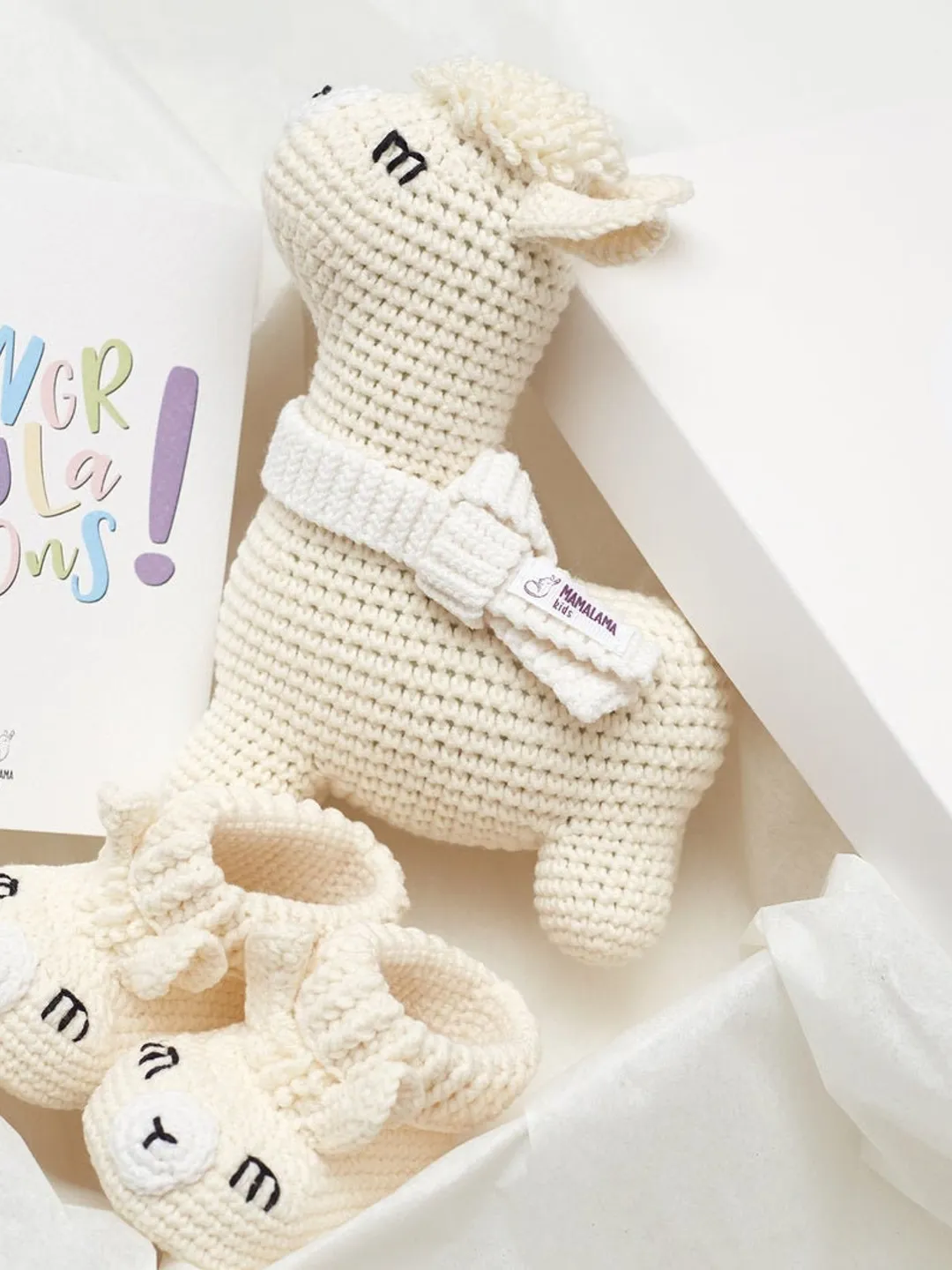 Baby gift basket with crochet booties and sweet llama alpaca toy Pregnancy new mom parents gift for newborn parents to be Welcome baby gift