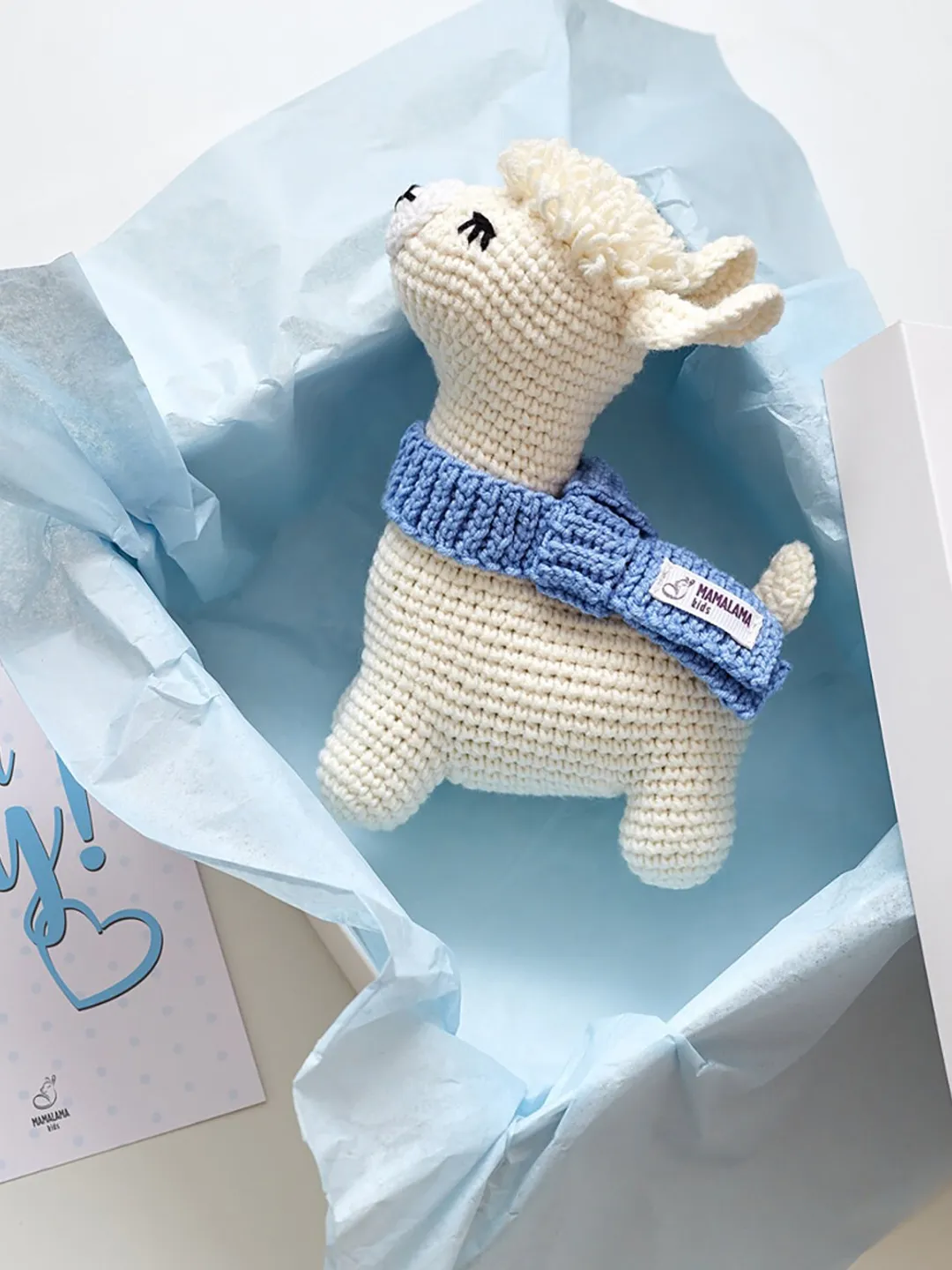 Its a boy reveal party baby shower idea sprinkle gift box with crochet llama alpaca stuffed nursery toy Expecting mum pregnancy postpartum
