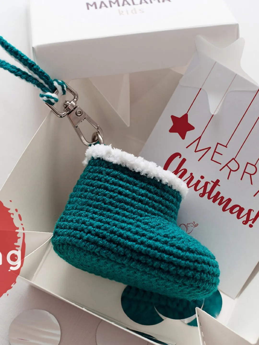 Christmas stocking fillers crochet green baby santa bootie keychain gift box idea for family friend Pregnancy congrats merry holidays
