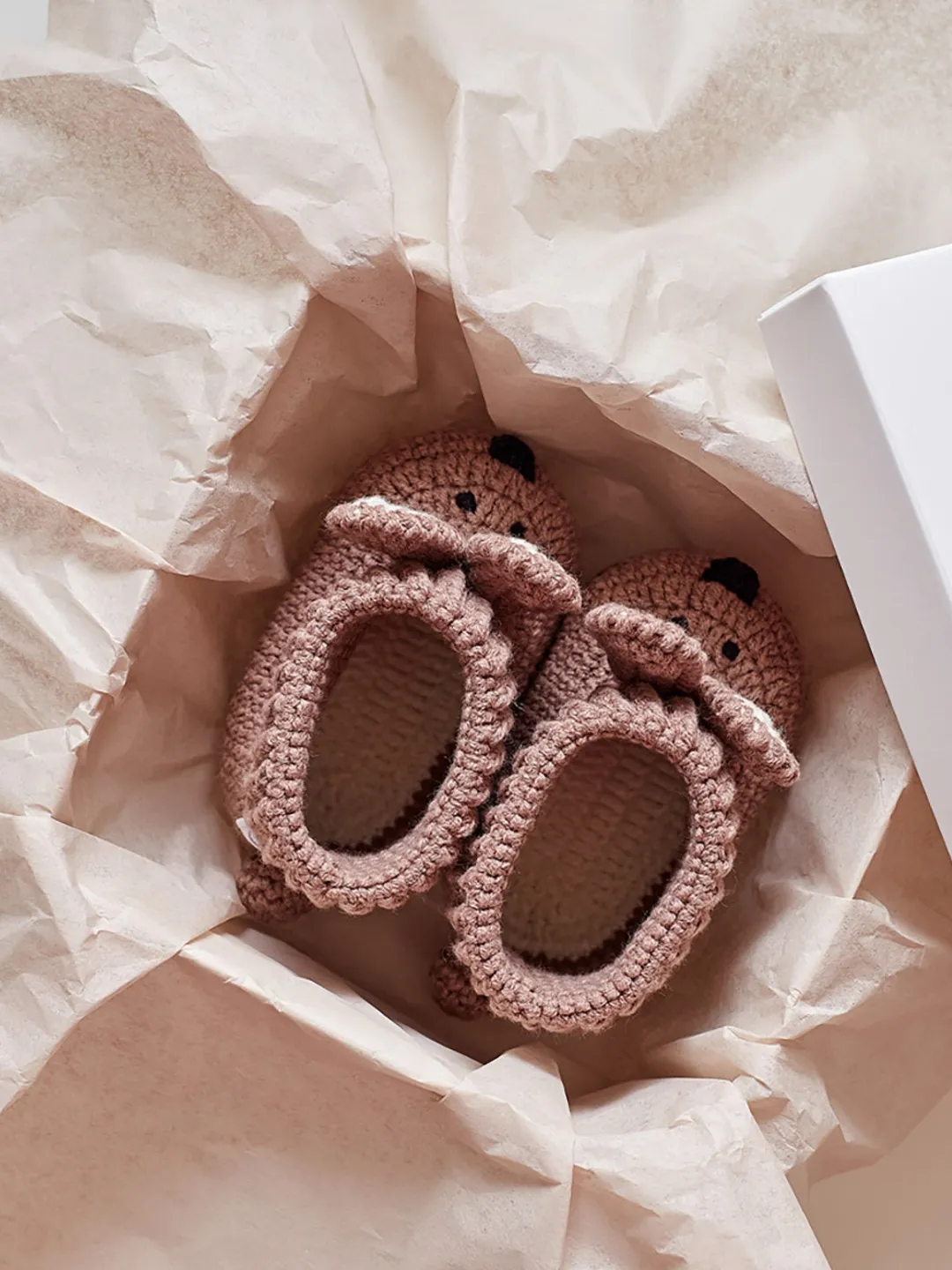 Baby girl shower party gift box with cute crochet bunny booties. Unique baptism outfit for goddaughter. Sweet rustic little girl nursery