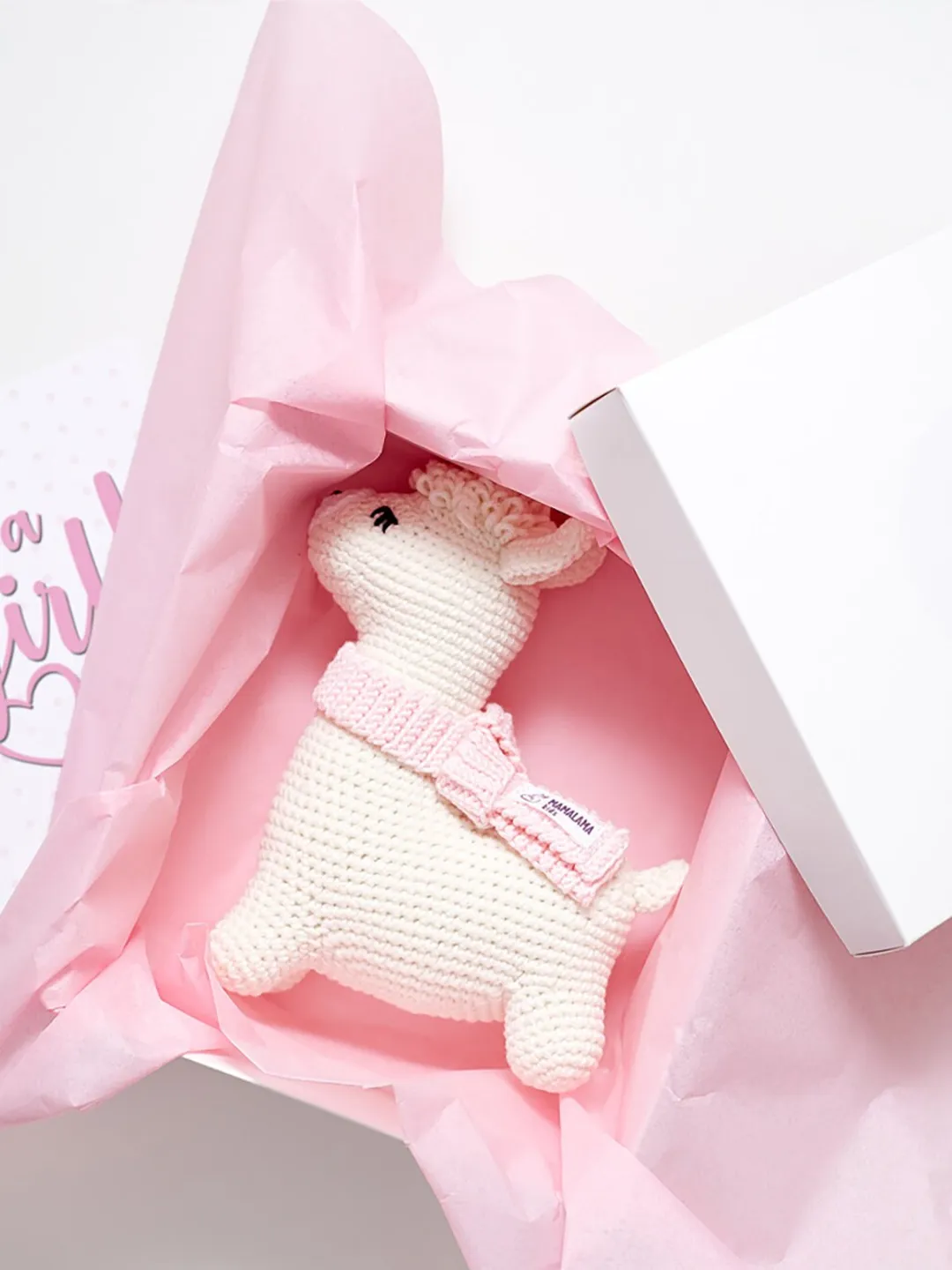 Cute llama gift Its a girl congrats pregnancy crochet alpaca toy present box Cream pink stuffed animal basket Best expecting baby shower set