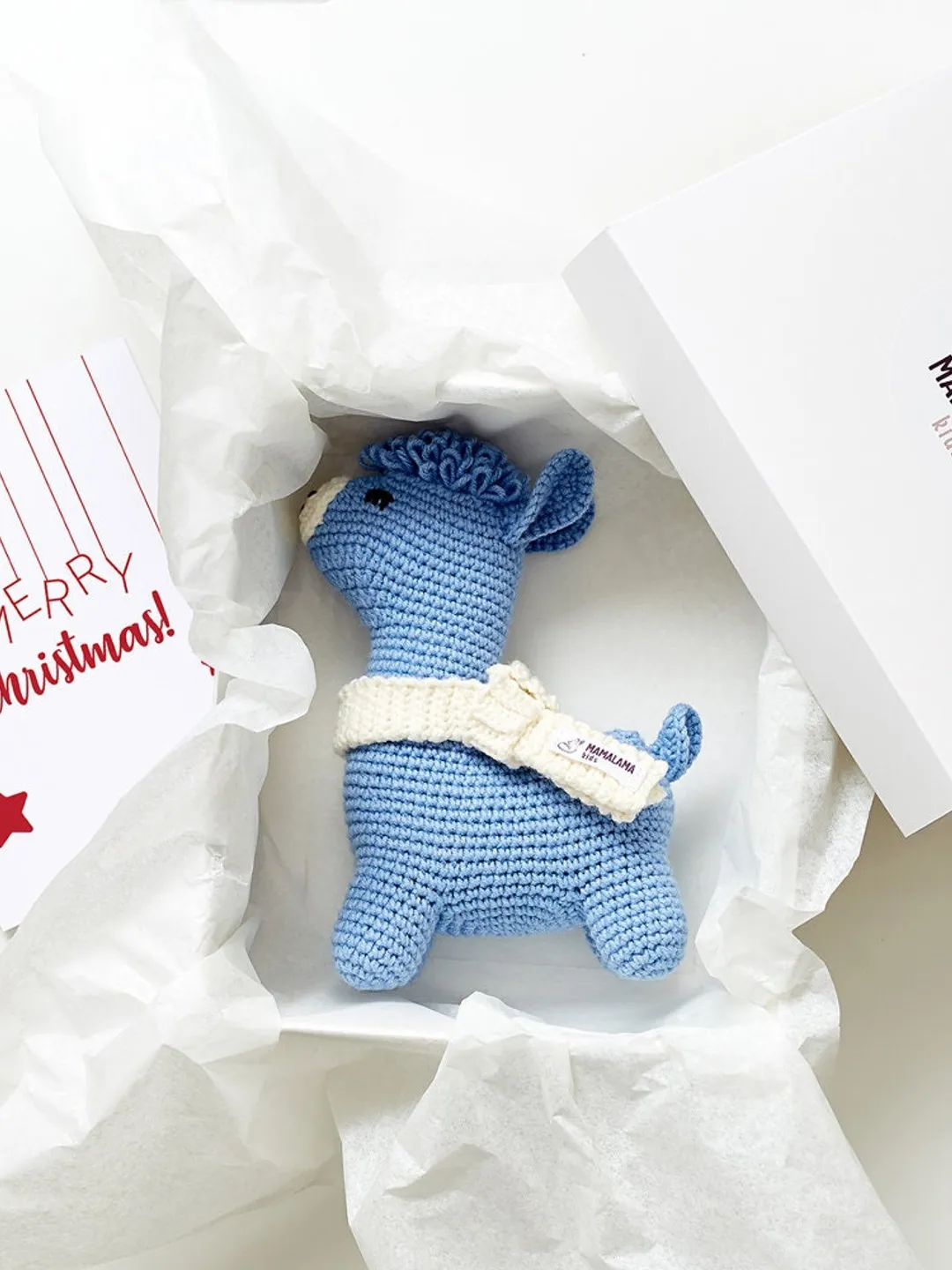 Boyfriend christmas gift box with blue crochet llama baby toy Christmas newborn pregnancy present basket idea decoration party unique rustic
