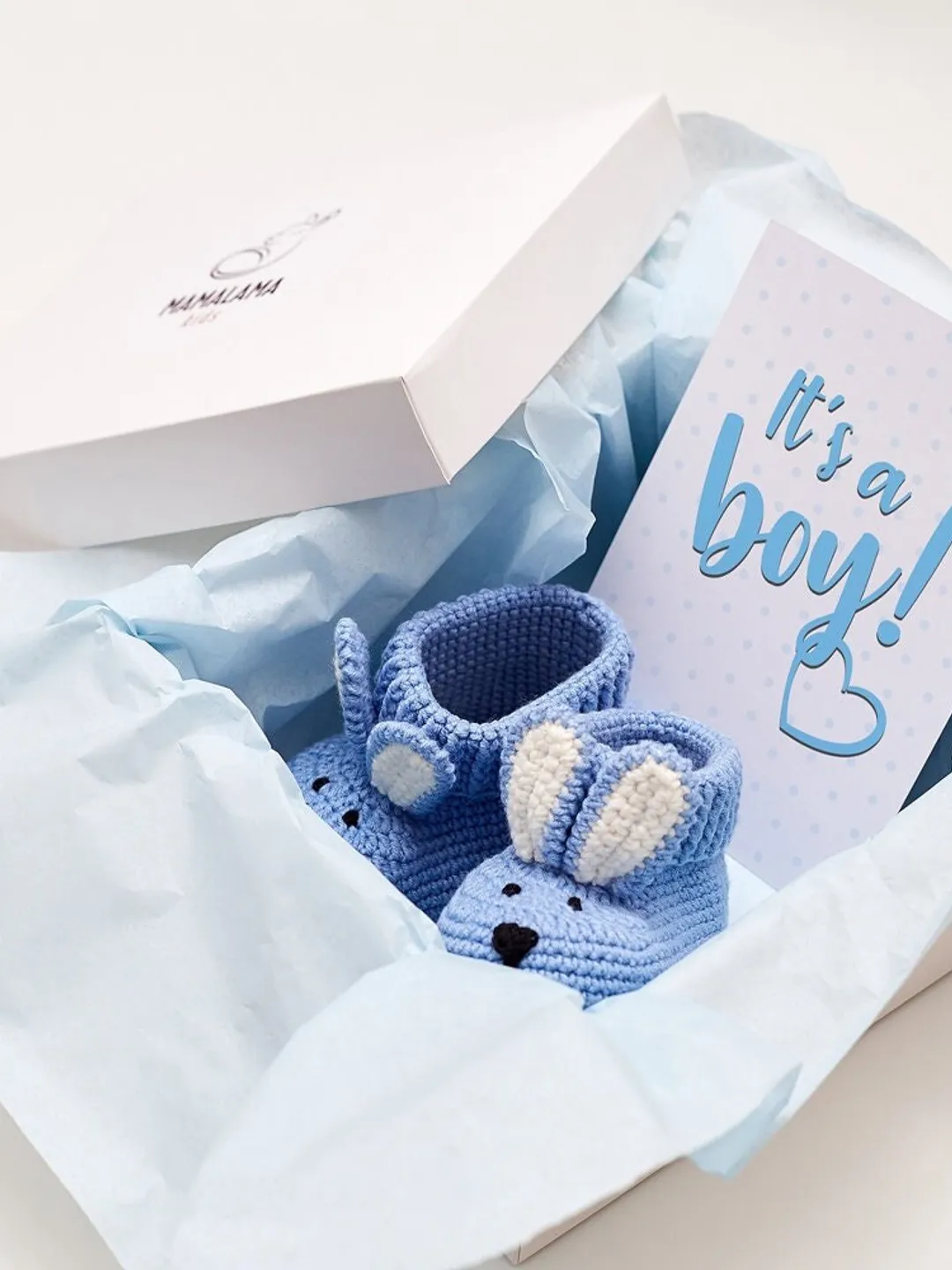 Baby boy gift box with crochet blue bunny booties Pregnancy It's a boy baby girl congratulations gender reveal baby boy shower gift box