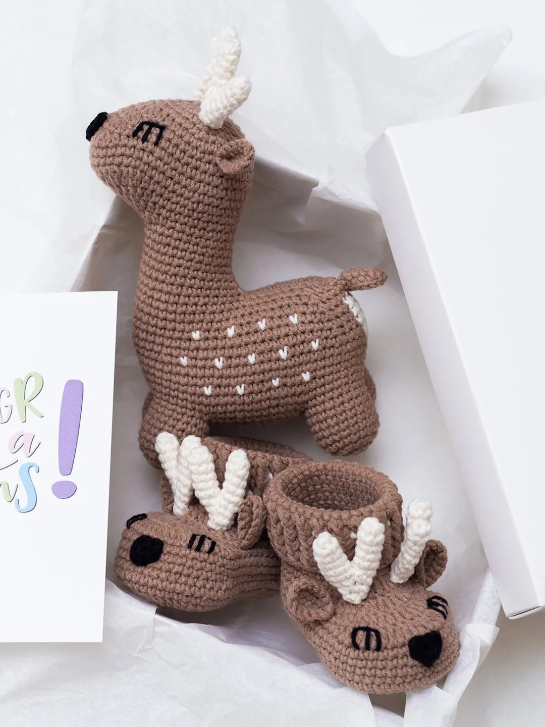 Gift for expect parent with unique crochet deer toy animal woodland baby booties basket set Pregnancy new baby reveal gender neutral box