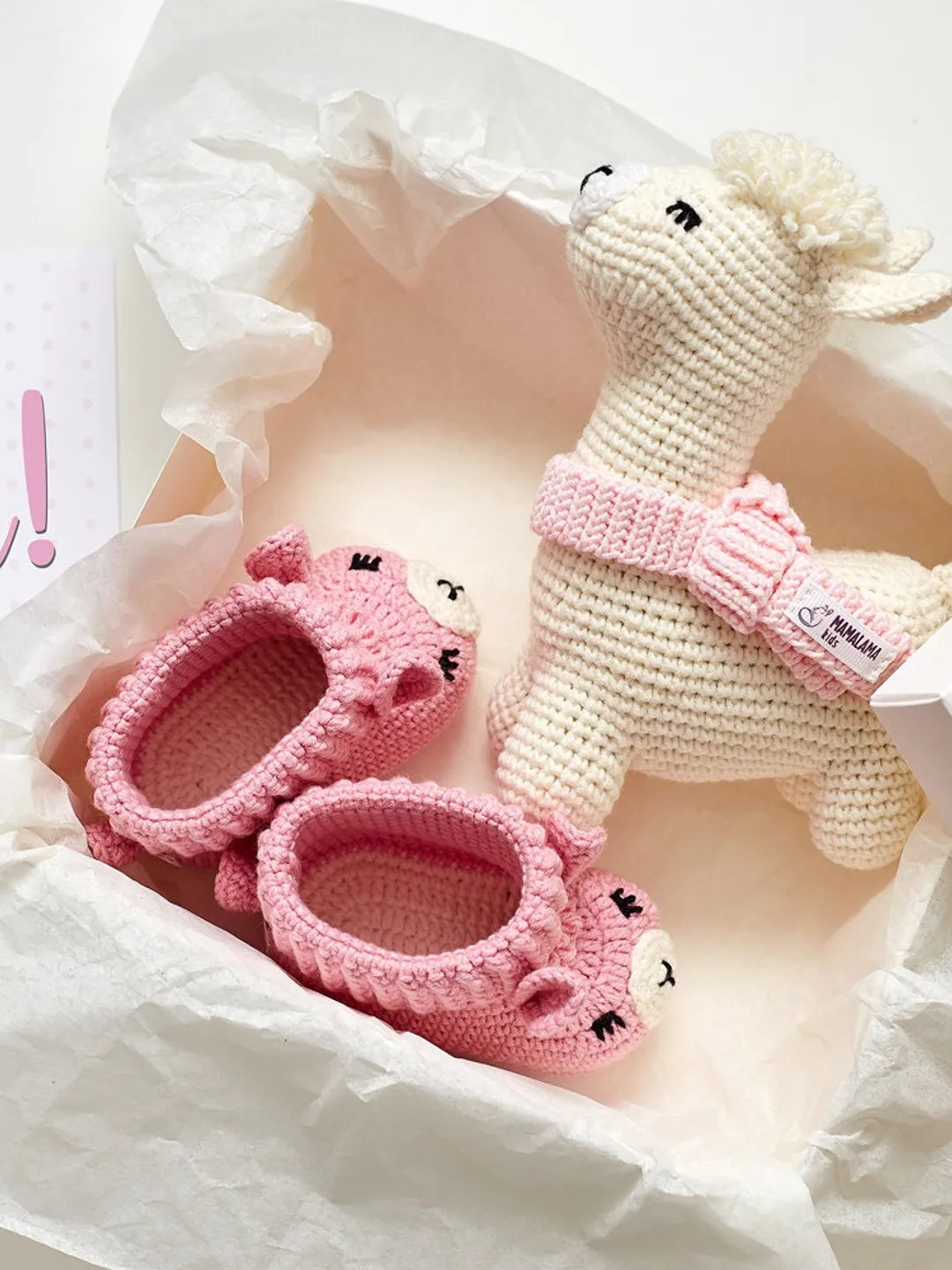 New mom gift basket with crochet llama toy animal baby booties Welcome baby girl coming home gift set