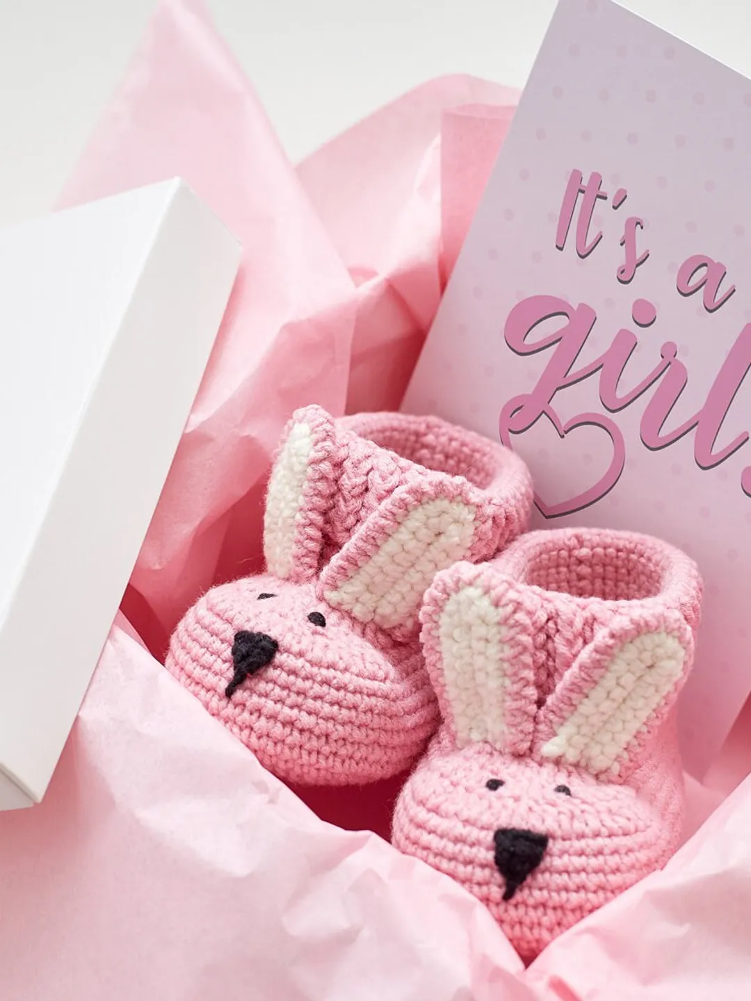 Baby girl gift box with crochet pink bunny booties Pregnancy It's a girl baby girl congratulations gender reveal baby girl shower gift box