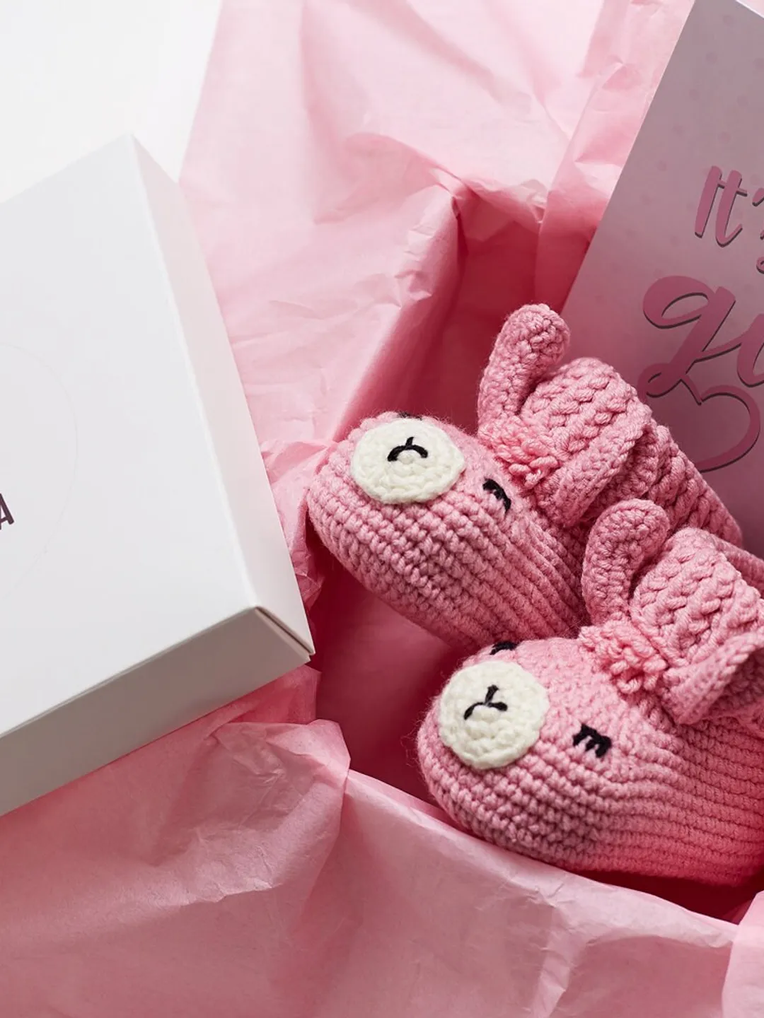 Pregnancy gift for new baby girl expecting shower party It's a girl cute crochet booties Soon to be mom congratulations basket for mom to be