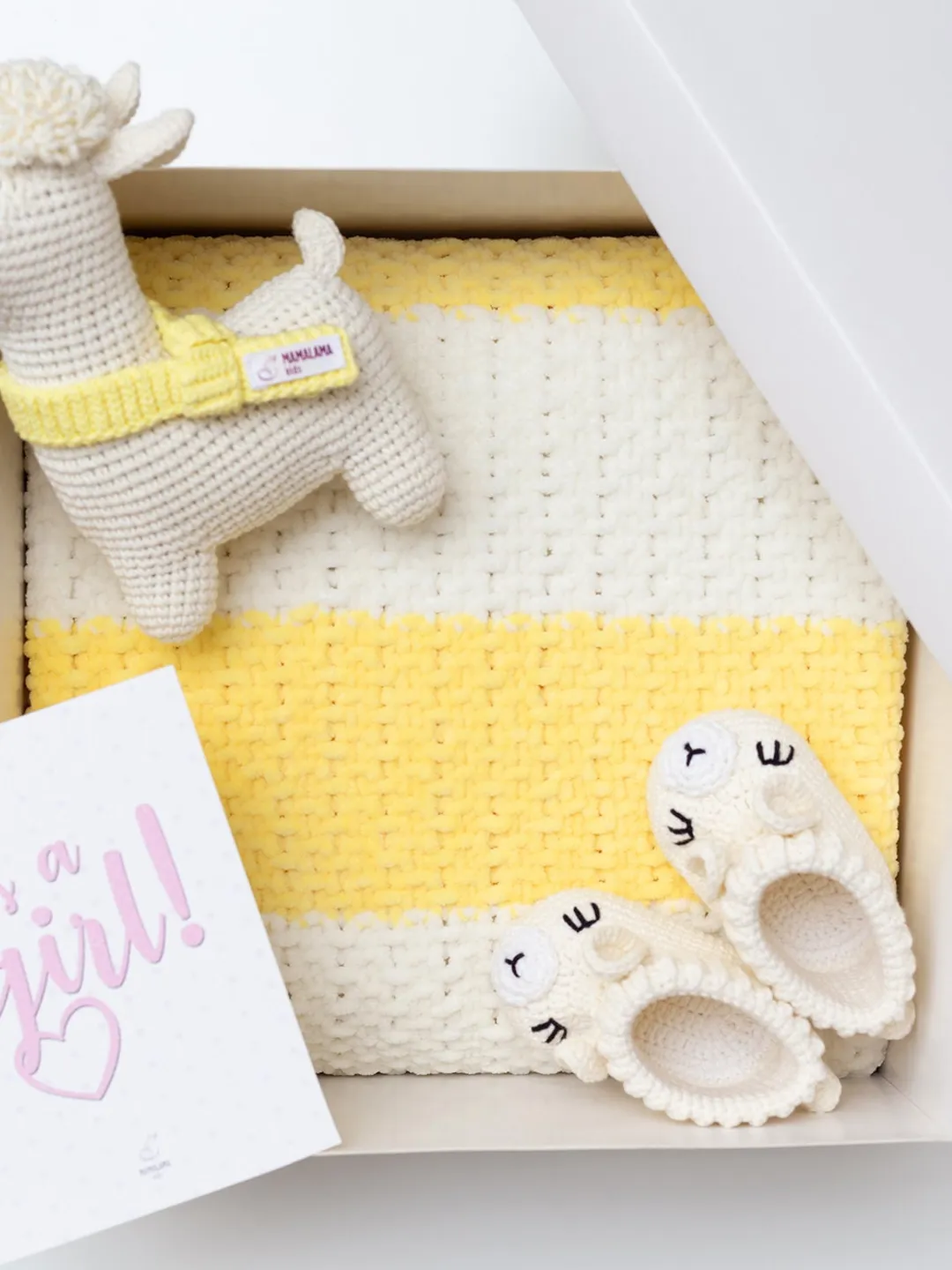 Mom to be gift Unique pregnancy congratulations gender neutral baby shower reveal basket Knitted striped newborn blanket Llama toy Booties