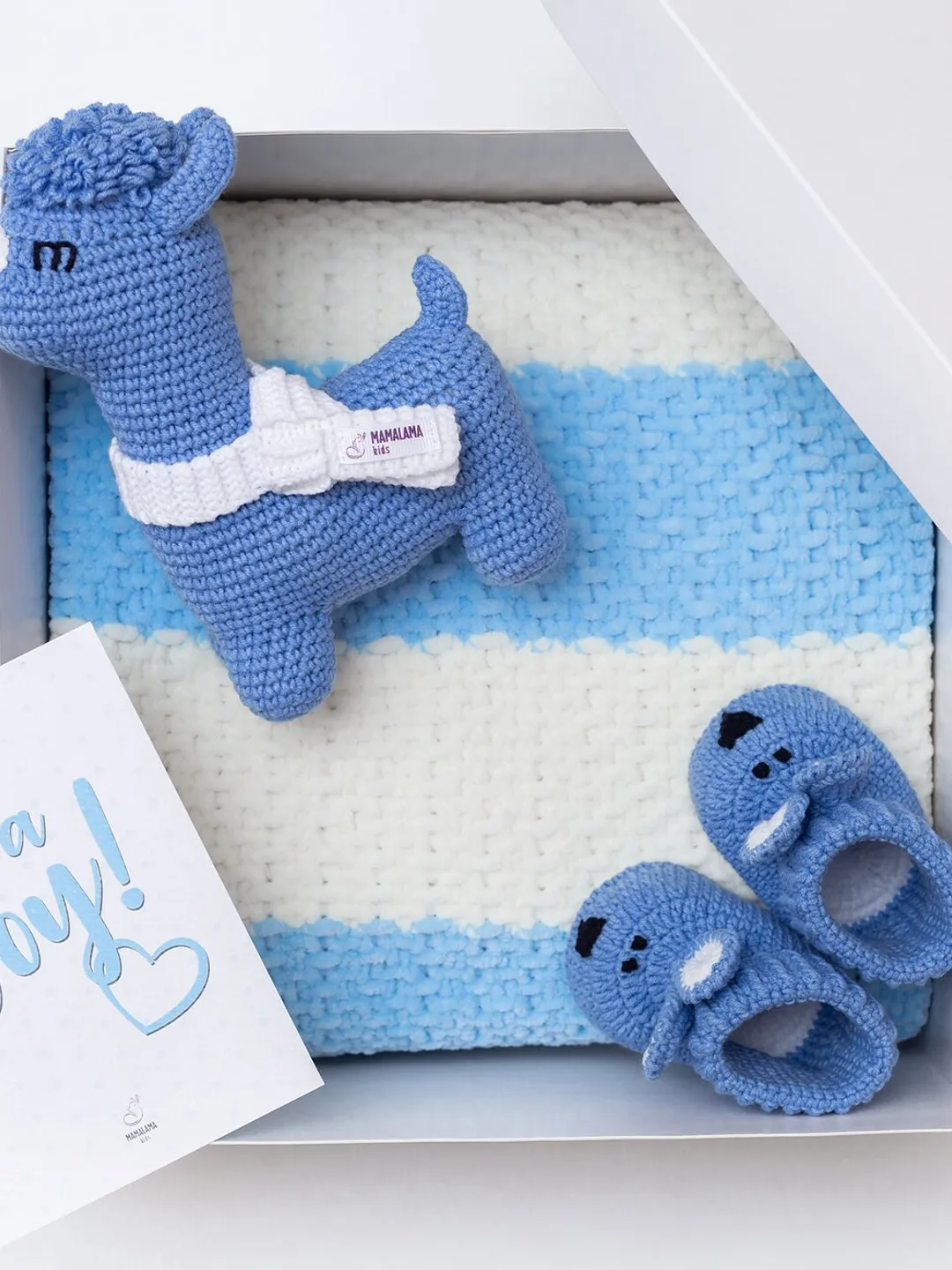 Its a Boy unique baby shower reveal gift basket with crochet llama toy bunny booties striped blue baby bedding blanket Baby boy photo props