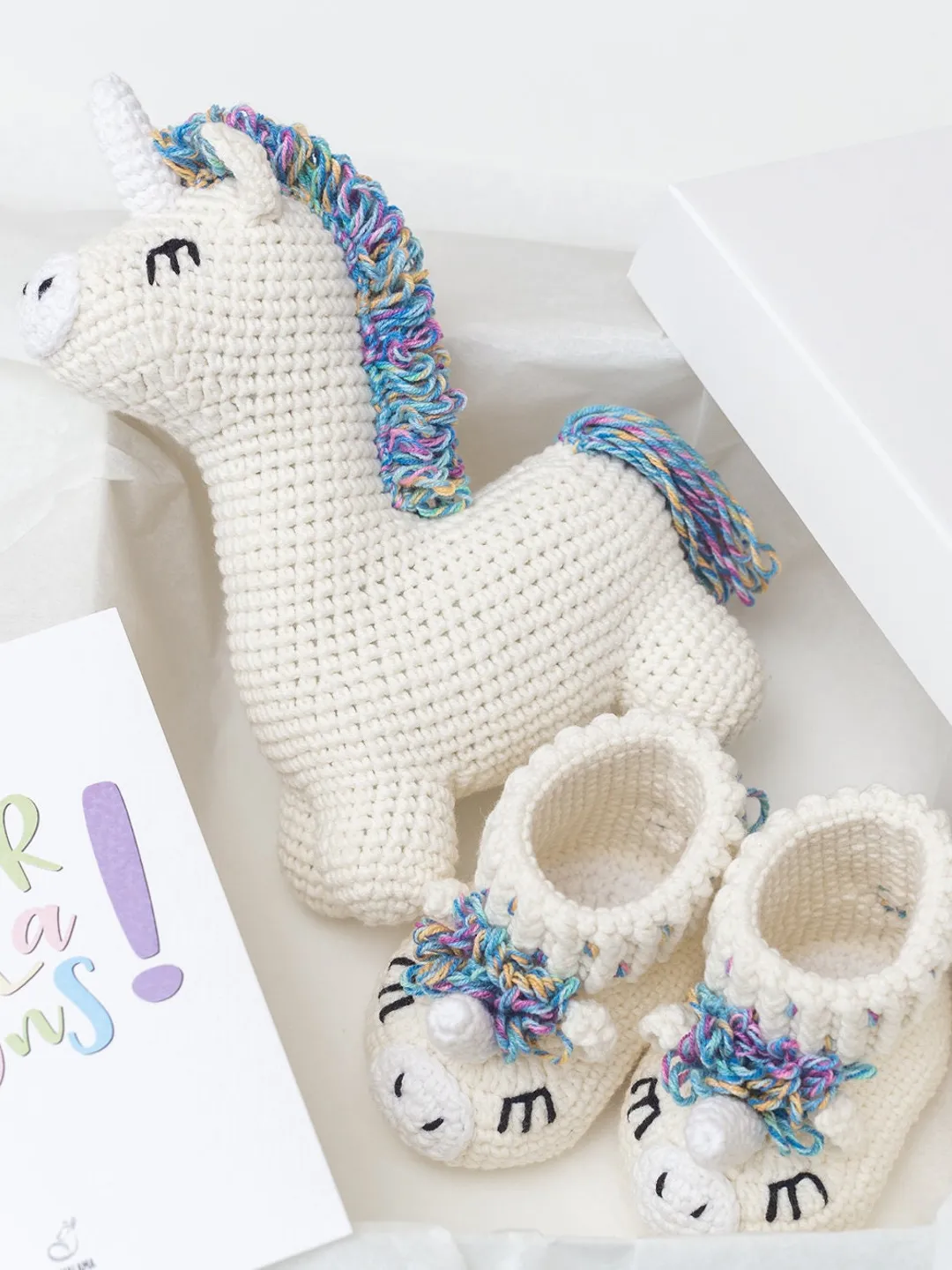 Pregnancy gift set with crochet unicorn baby booties Cute unicorn toy New mom congrats soon to be mom expecting parents nursery decor set