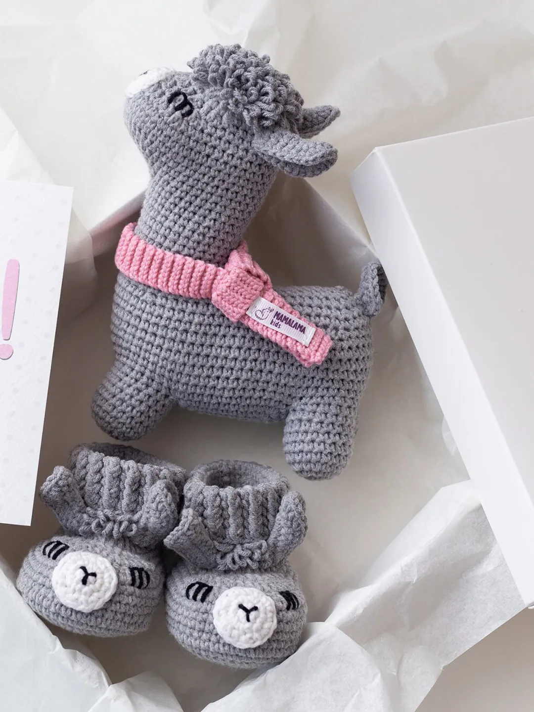 Unique baby girl shower cute gift for goddaughter. Auntie baby basket set for pregnancy gender reveal. Crochet llama toy soft booties gift