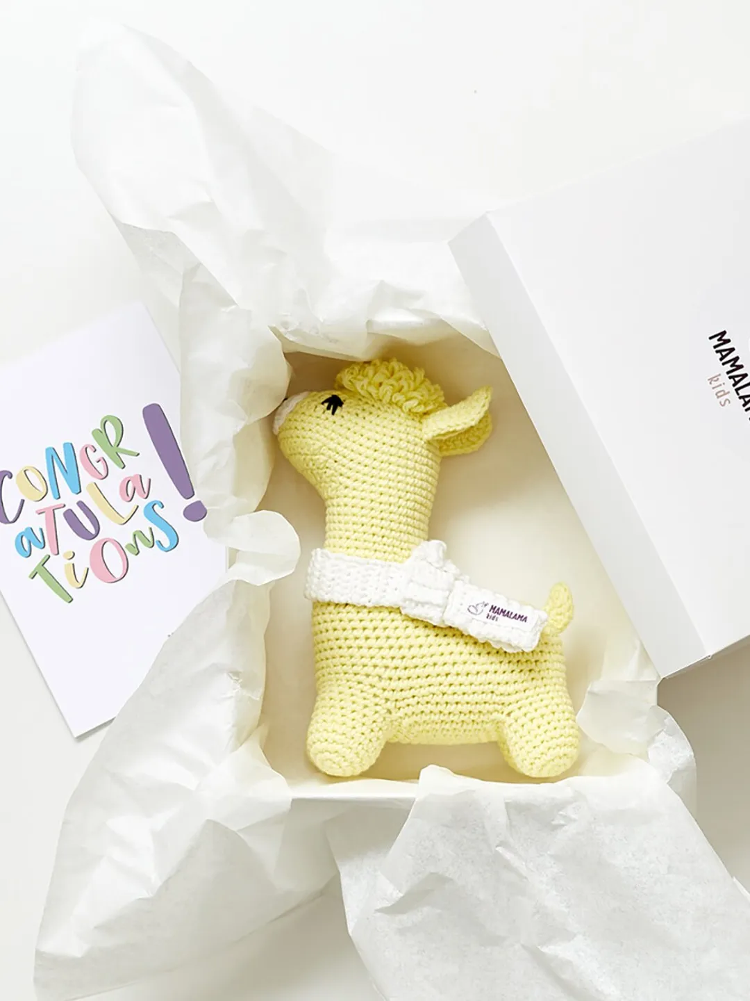 Mom to be pregnancy reveal gift for new baby congrats. Expecting for baby present basket yellow crochet stuffed llama toy teether newborn