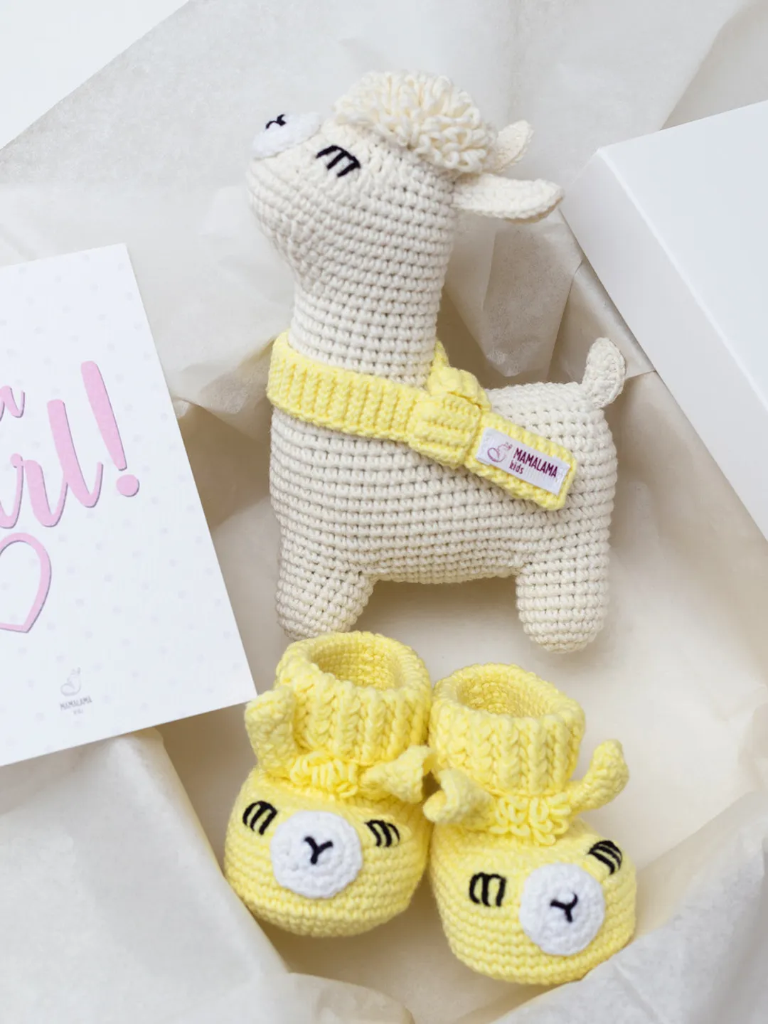 Mom to be gift yellow gender neutral baby gift basket with Crochet llama toy animal booties pregnancy future mommy gift