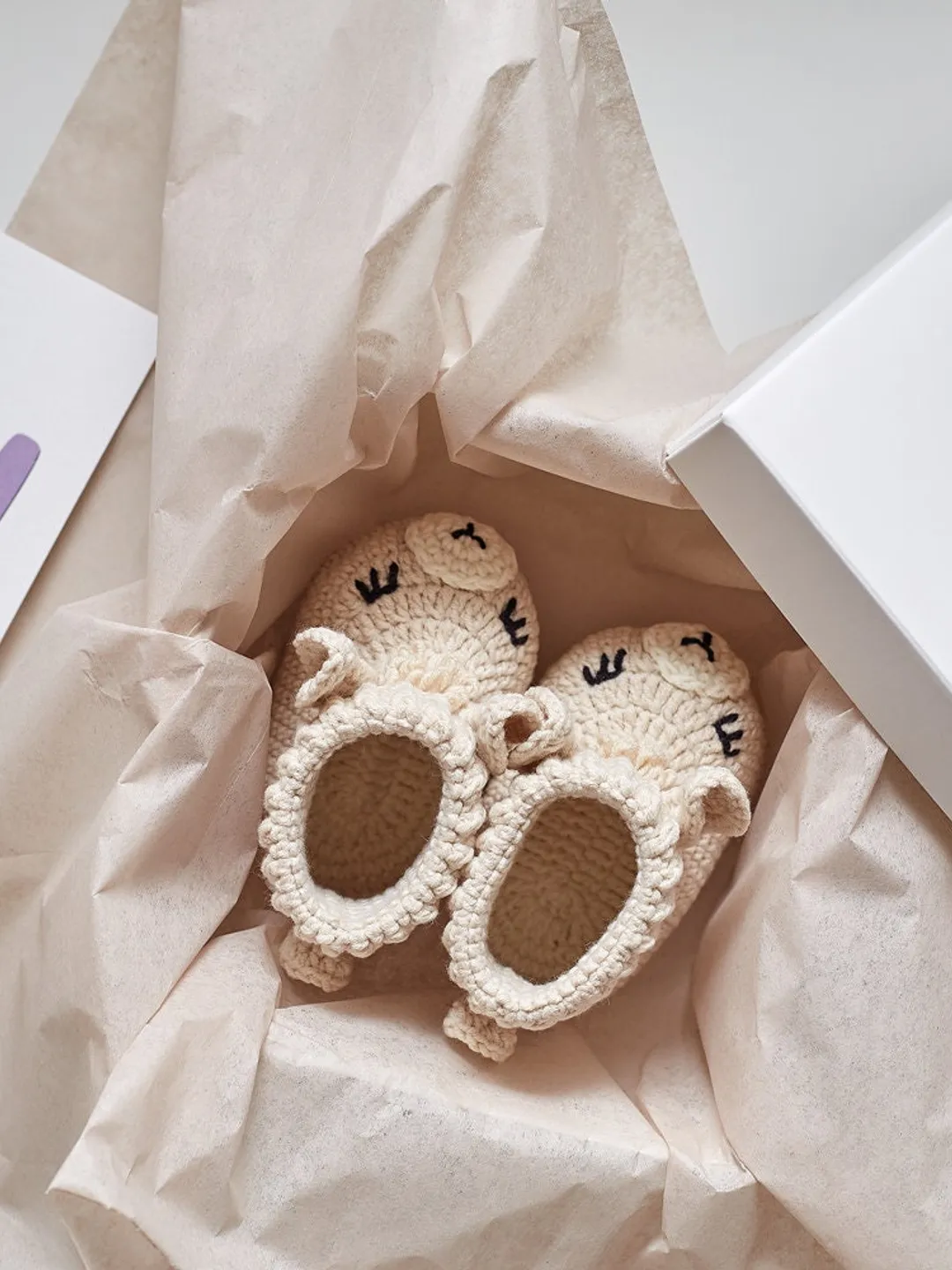 Pregnancy gift basket with crochet llama animal booties for newborn baby nursery decor props Sweet organic new baby shoes Welcome baby home