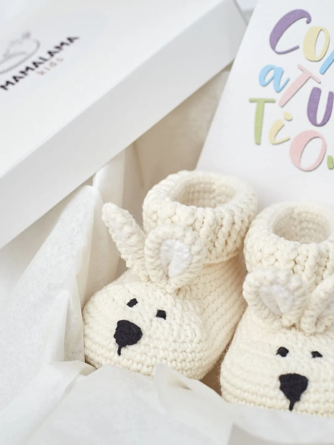 New mom gift idea Pregnancy gift box with crochet bunny booties Sweet newborn baptism organic nursery props Expecting parent new baby gift