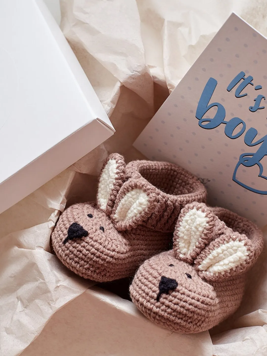 New mommy gift set pregnancy welcome baby cute box with crochet bunny animal booties basket. New baby boy girl congrats reveal announcement