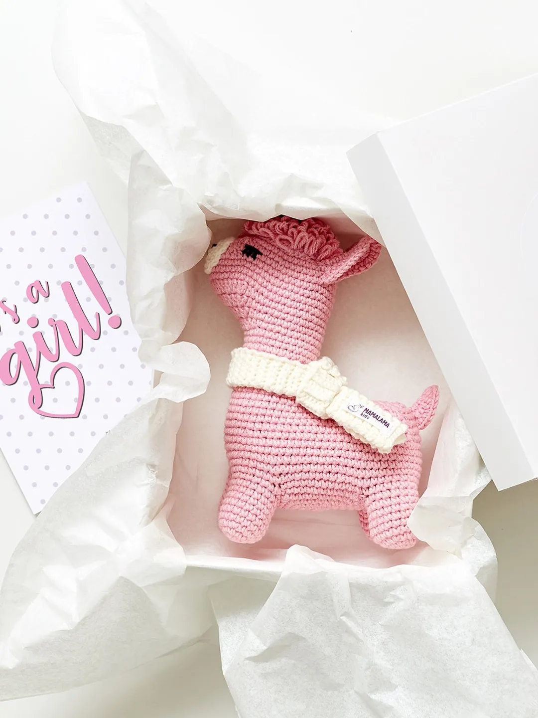 Baby girl shower Baptism Christening favor Cute pink llama alpaca crochet nursery toy gift box Congrats pregnancy new mom baby basket