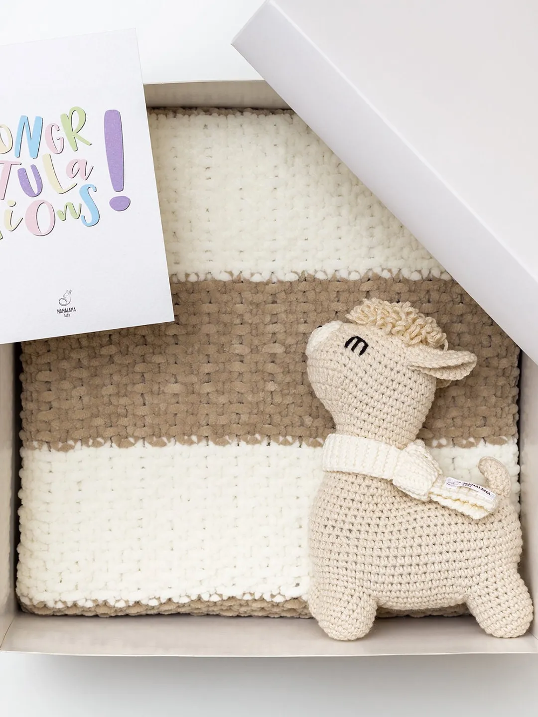 New mom gift basket for baby coming home pregnancy congratulation gift box with knitted soft striped baby blanket and crochet llama toy