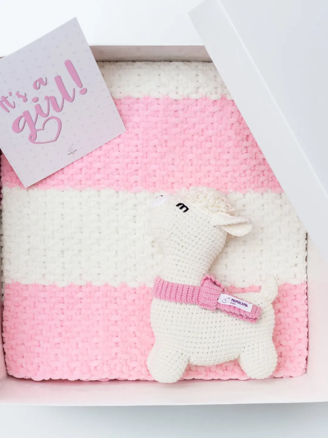 It's a Girl cute unique pregnancy gift set with crochet stuffed llama toy Striped pink baby blanket Its a girl baby shower reveal basket