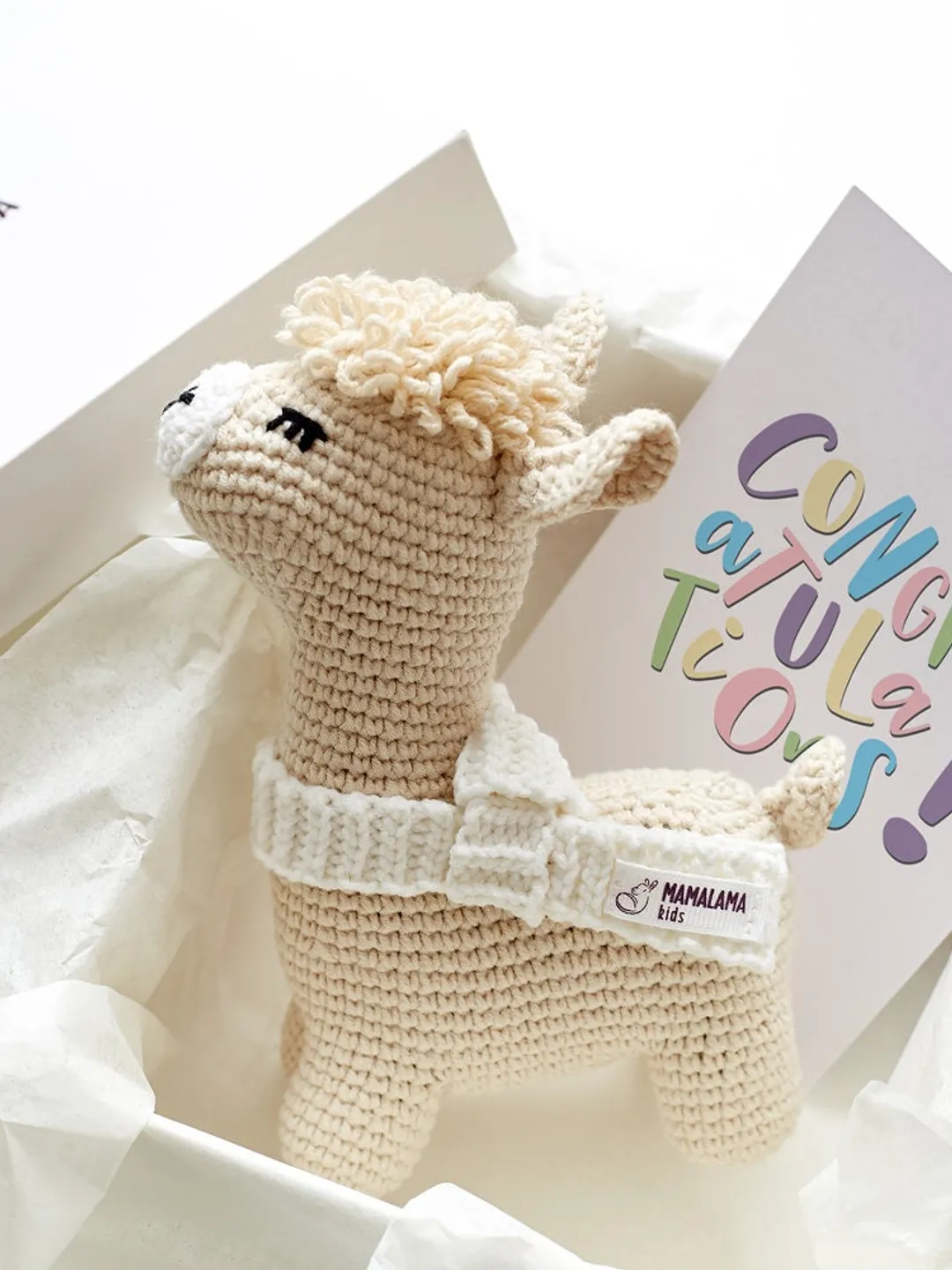 New mom gift basket with crochet newborn soft animal toy New parents pregnancy reveal congrats set Baby toy alpaca nursery decor