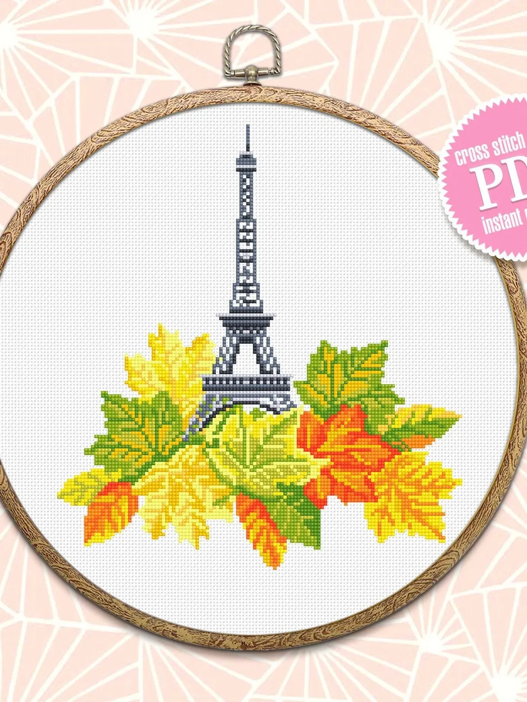 Eiffel Tower cross stitch pattern PDF download Fall cross stitch Maple leaf cross stitch chart Modern France embroidery Paris decor #E2