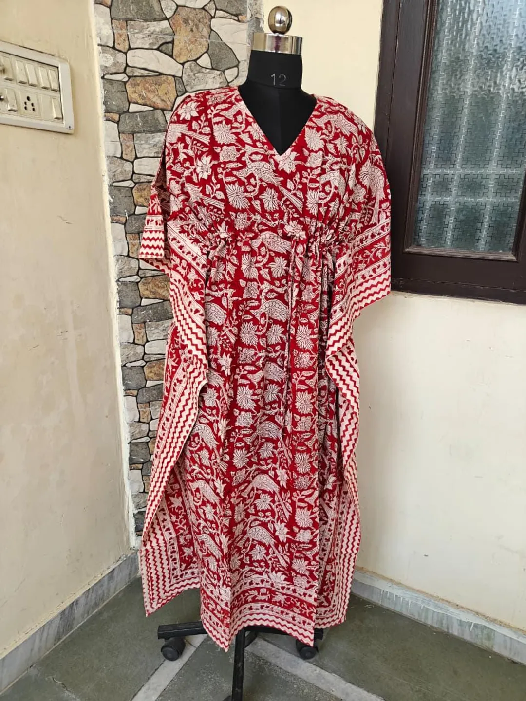 indian cotton kaftan dresses Tropical Block Print Kaftan & Abaya Cotton Kaftan Indian Dress XL / Pink / 44 Inches