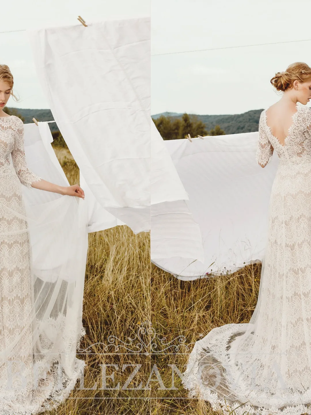 fairy long dress Elegant Ethereal Fairytale Long Sleeve Wedding Dress with Criss Cross Back  – Boom Blush main image 1