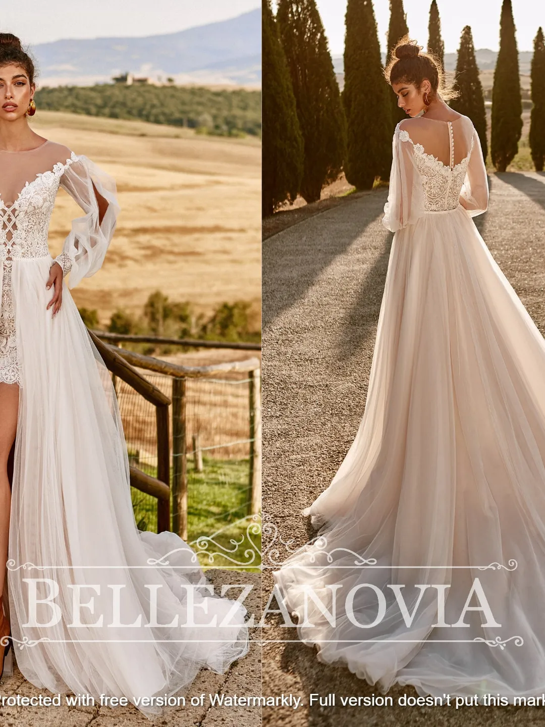 Sleeve Convertible short wedding dress with removable skirt Tulle Bohemian Wedding Dress Lace Bridal Gown Long Sleeves Vintage Wedding Dress