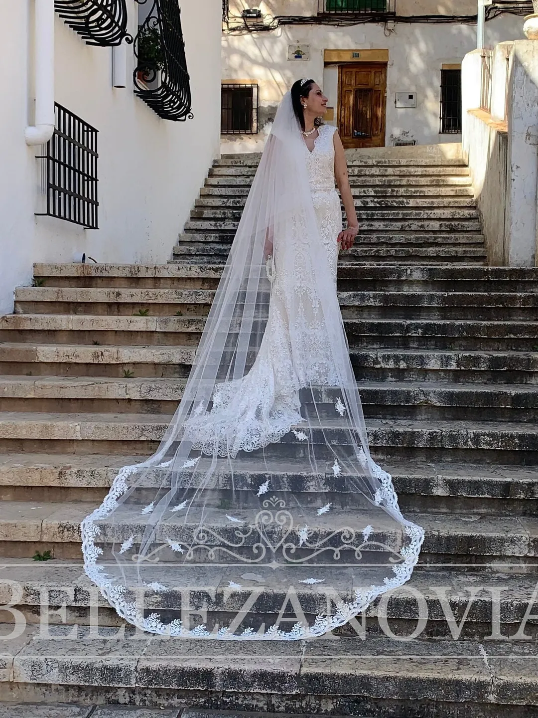 Royal Wedding Veil with Sequins Lace Elegant Ivory Lace Veil Floral Lace Cathedral Veil Beaded Bridal Veil Single Layer Chapel Veil Comb