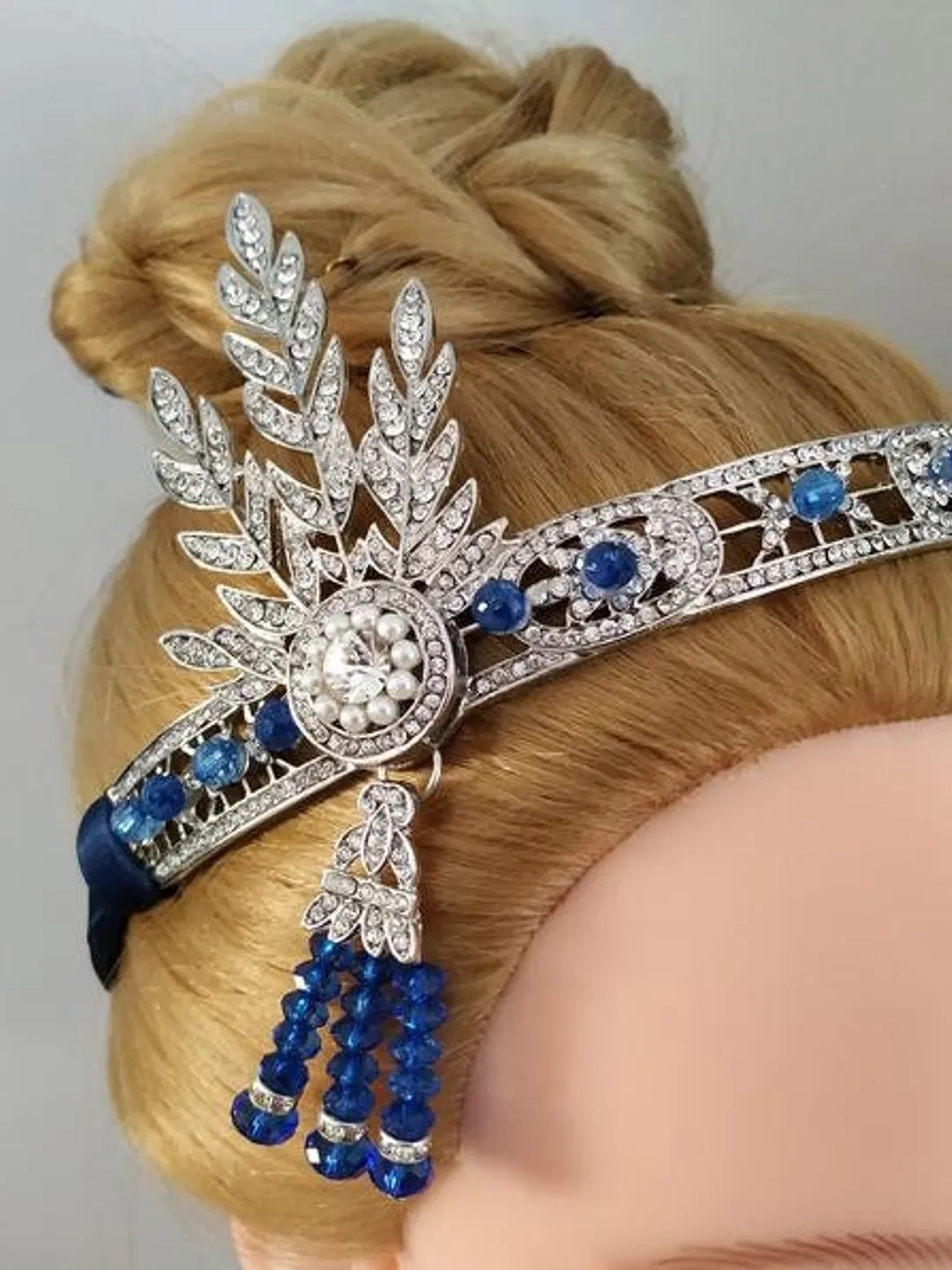 Silver Gold Blue Vintage Style Headband Art Deco Tiara Party 