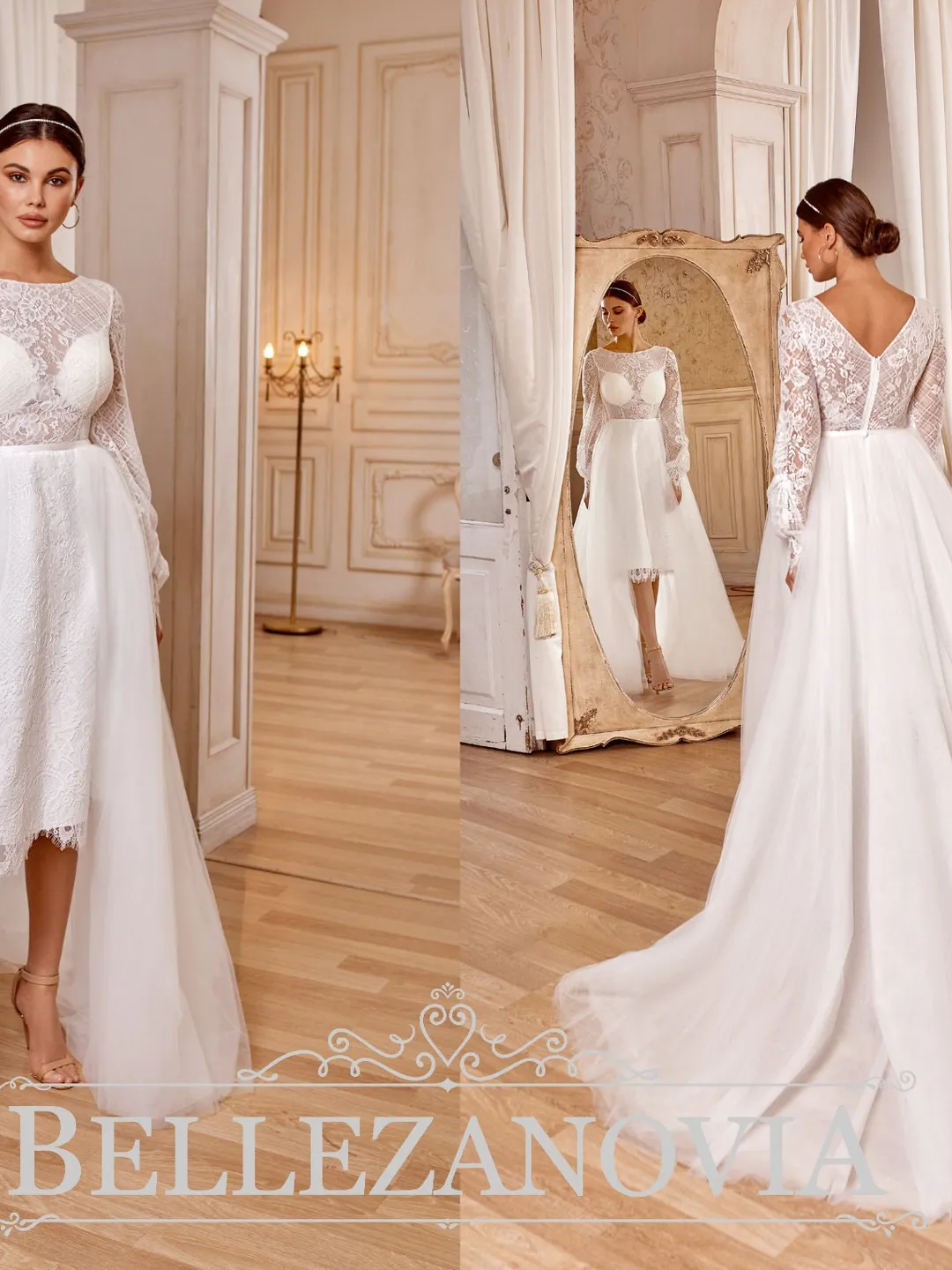 BAU by Bride And You★ Ribbon short sleeve long dress ★2色 Exquisite Plunge Neck Floral Embroidered Sleeves Chiffon