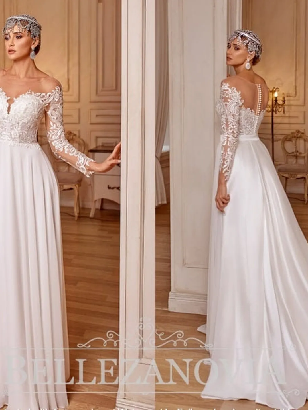 Long Sleeve Wedding Dress, Long Sleeve Lace Wedding Gown, Chiffon Long Wedding Gown Lace Sleeves, Custom size wedding dress, Custom dress,