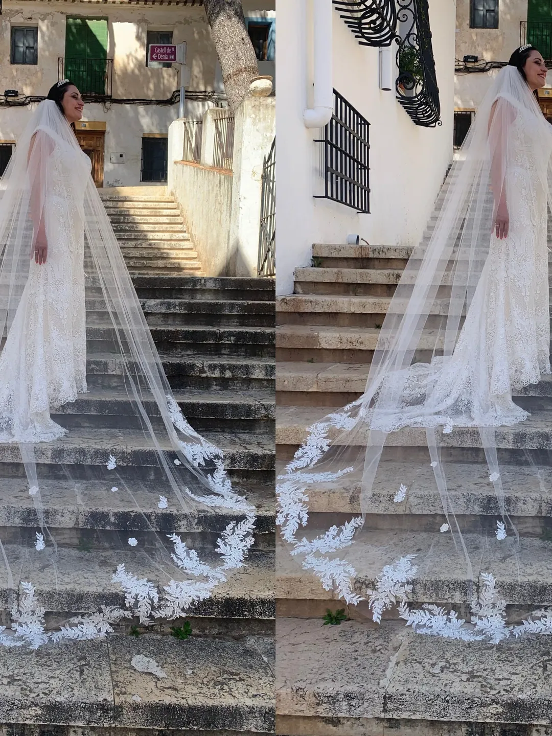 Elegant Bridal Veil with flower Lace Applique Cathedral Wedding Veil Soft Tulle Wedding Veil Leaf Lace Veil Ivory Floral  Chapel Bridal Veil