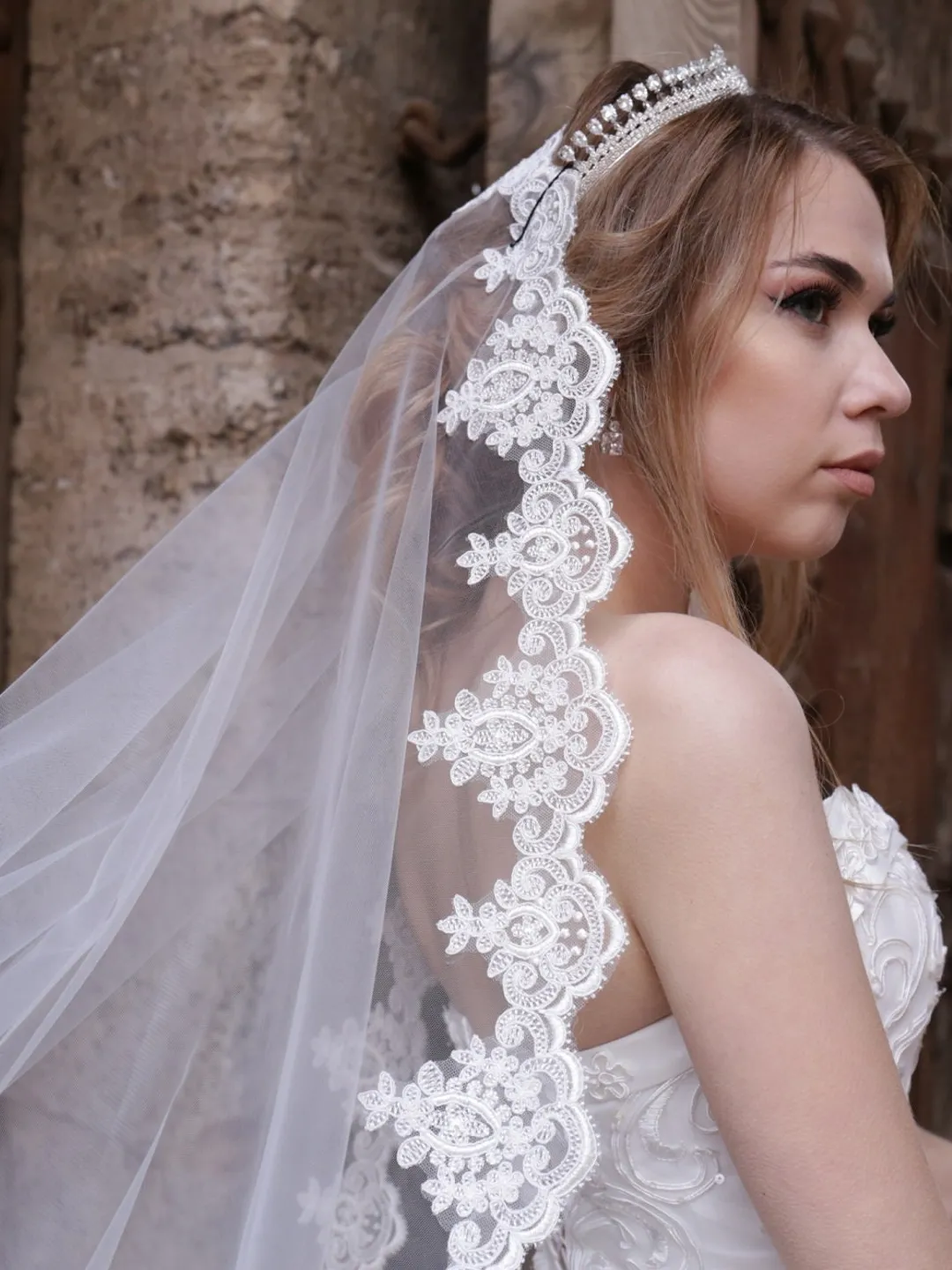 Chantilly lace veil/Cathedral  bridal veil/1 tier lace veil wedding /Chapel lace tulle veil/Waltz wedding veil/Lace cathedral veil -900156